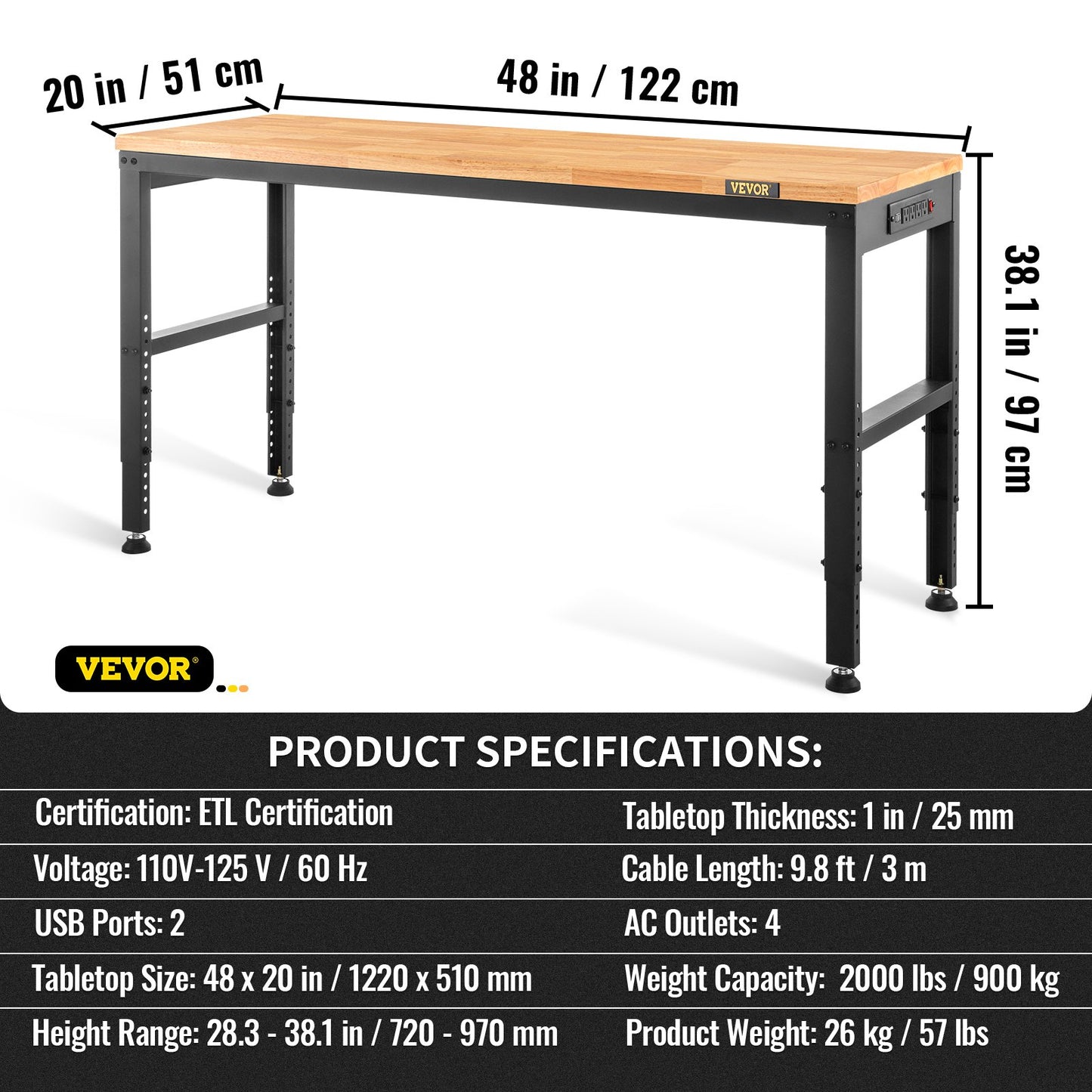 Adjustable Workbench, 1220 x 508 x 968 mm Garage Table with 719-968 mm Heights & 900 kg Load Capacity, with V952-LDSGZTSM4820V400PV3