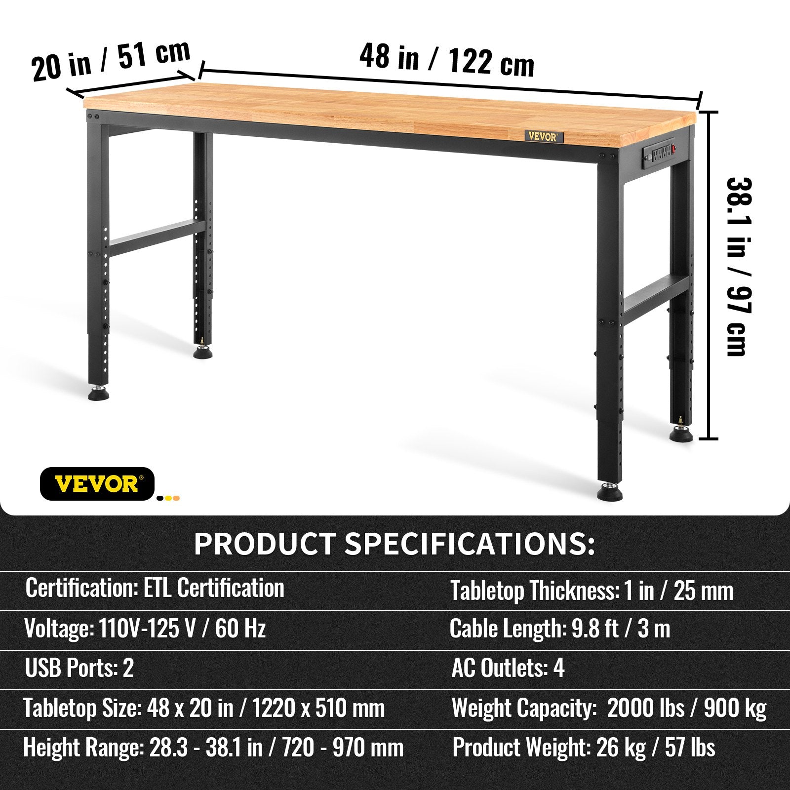 Adjustable Workbench, 1220 x 508 x 968 mm Garage Table with 719-968 mm Heights & 900 kg Load Capacity, with V952-LDSGZTSM4820V400PV3