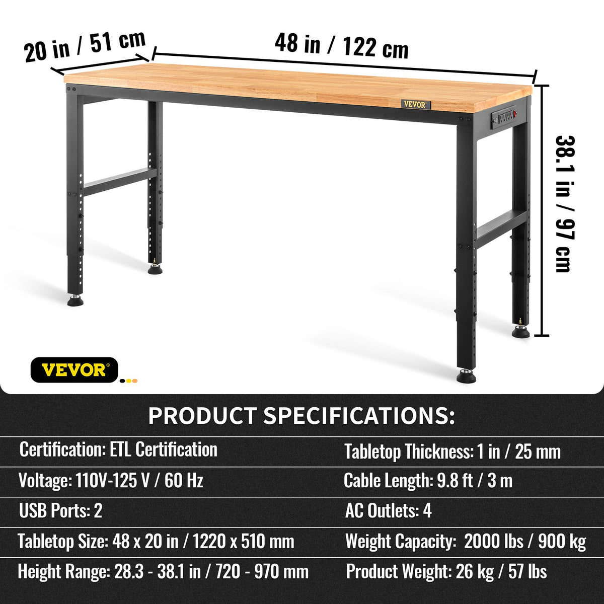 Adjustable Workbench, 1220 x 508 x 968 mm Garage Table with 719-968 mm Heights & 900 kg Load Capacity, with V952-LDSGZTSM4820V400PV3