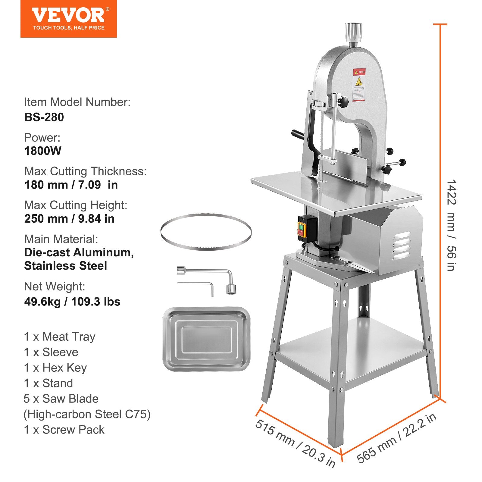 1800W Commercial Electric Meat Bandsaw Stainless Steel Bone Sawing Machine V952-LDSJRJ2200WLXQZ6AV3