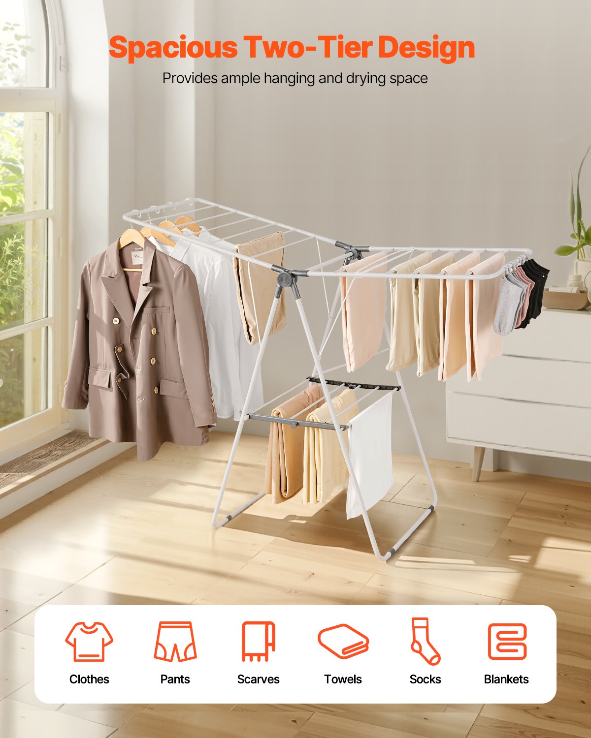 2-Tier Foldable Clothes Drying Rack with Sock Clips & 21 Drying Rods White V952-LDSLYJAX5059Q3FK5001V0