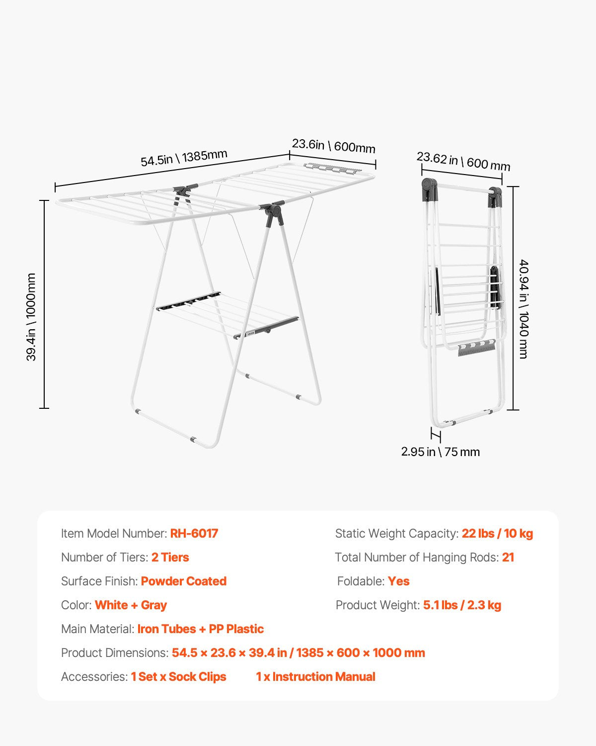 2-Tier Foldable Clothes Drying Rack with Sock Clips & 21 Drying Rods White V952-LDSLYJAX5059Q3FK5001V0