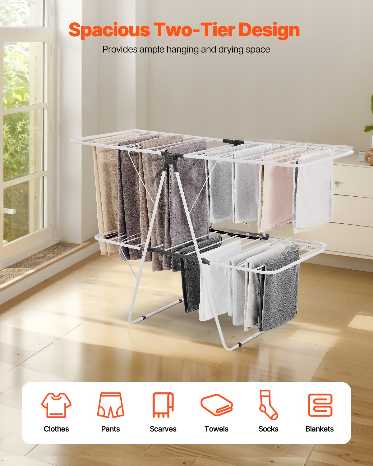 2-Tier Foldable Clothes Drying Rack with Sock Clips & 31 Drying Rods White V952-LDSLYJAX6014YHE3H001V0