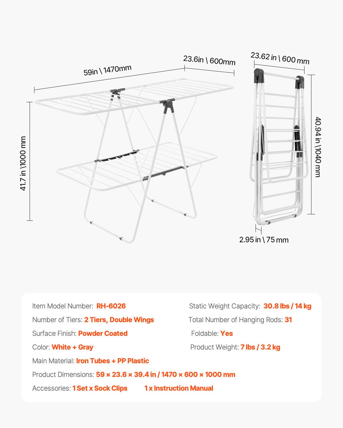 2-Tier Foldable Clothes Drying Rack with Sock Clips & 31 Drying Rods White V952-LDSLYJAX6014YHE3H001V0