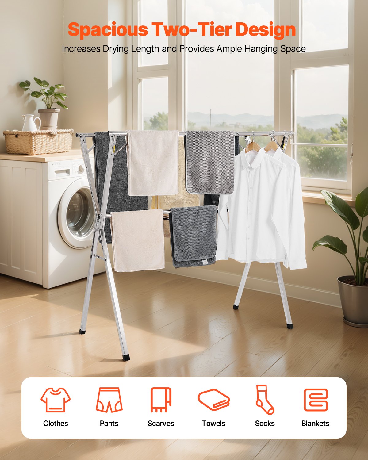 2-Tier Telescopic Clothes Drying Rack w/ 30 Windproof Holes & 2 Shoe Hooks V952-LDSLYJXX1413RO4HO001V0