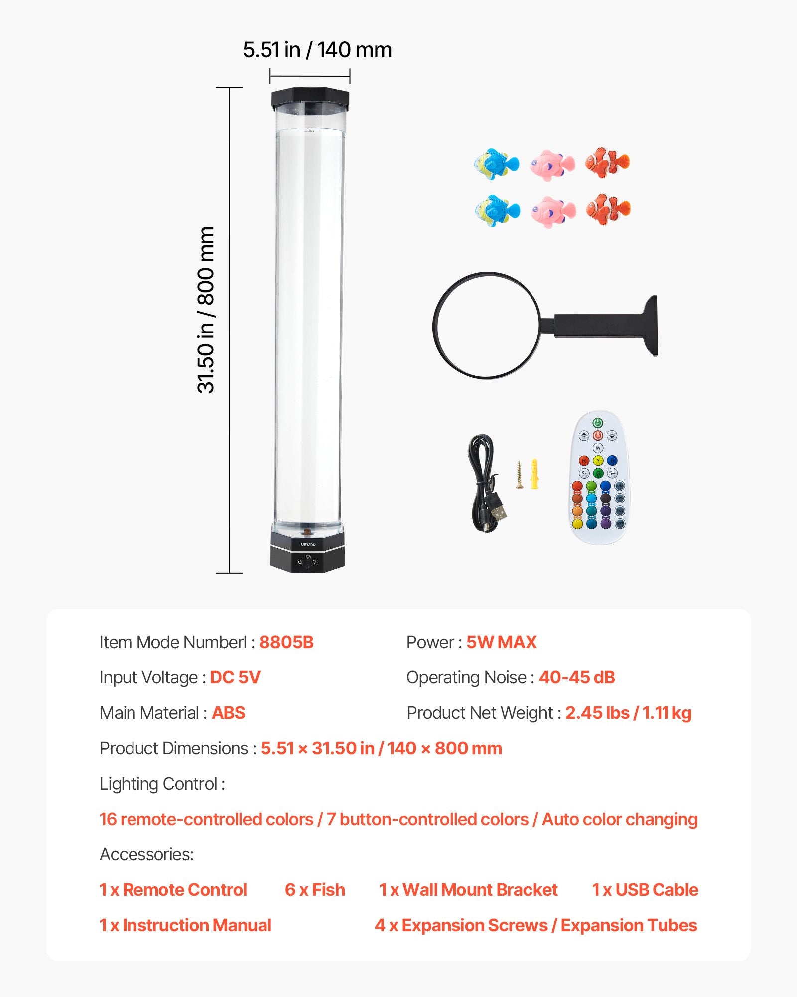 Bubble Tube Lamp 16 Color 80 cm Sensory Aquarium Lamp for Relief Calming V952-LDSQPDLS32YCAW2BD001V9