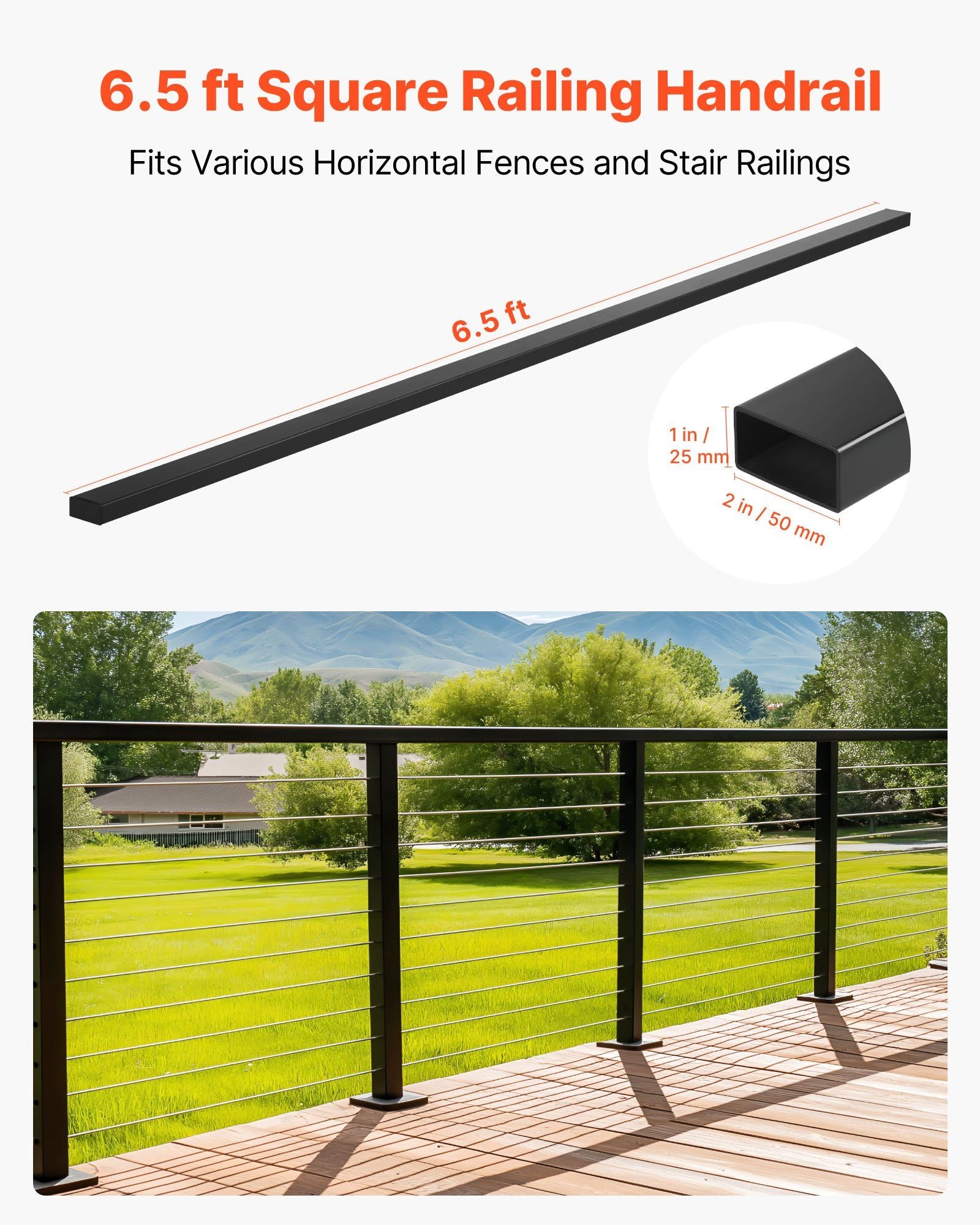 198 cm Stainless Steel Handrail, Rectangular Top Stair Deck Hand Rail for Outdoor/Indoor Steps with End V952-LGFS65FT1JZ3355L3001V0