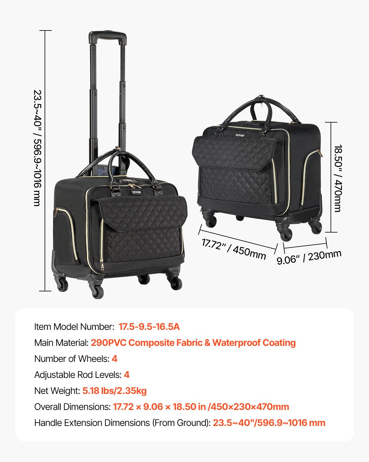 Rolling Laptop Bag, Fits Up to 17.3 Inch Laptop, Wheeled Briefcase, Roller Computer Tote Bag with 4 Spinner V952-LGSTDNB173INYPT18V0
