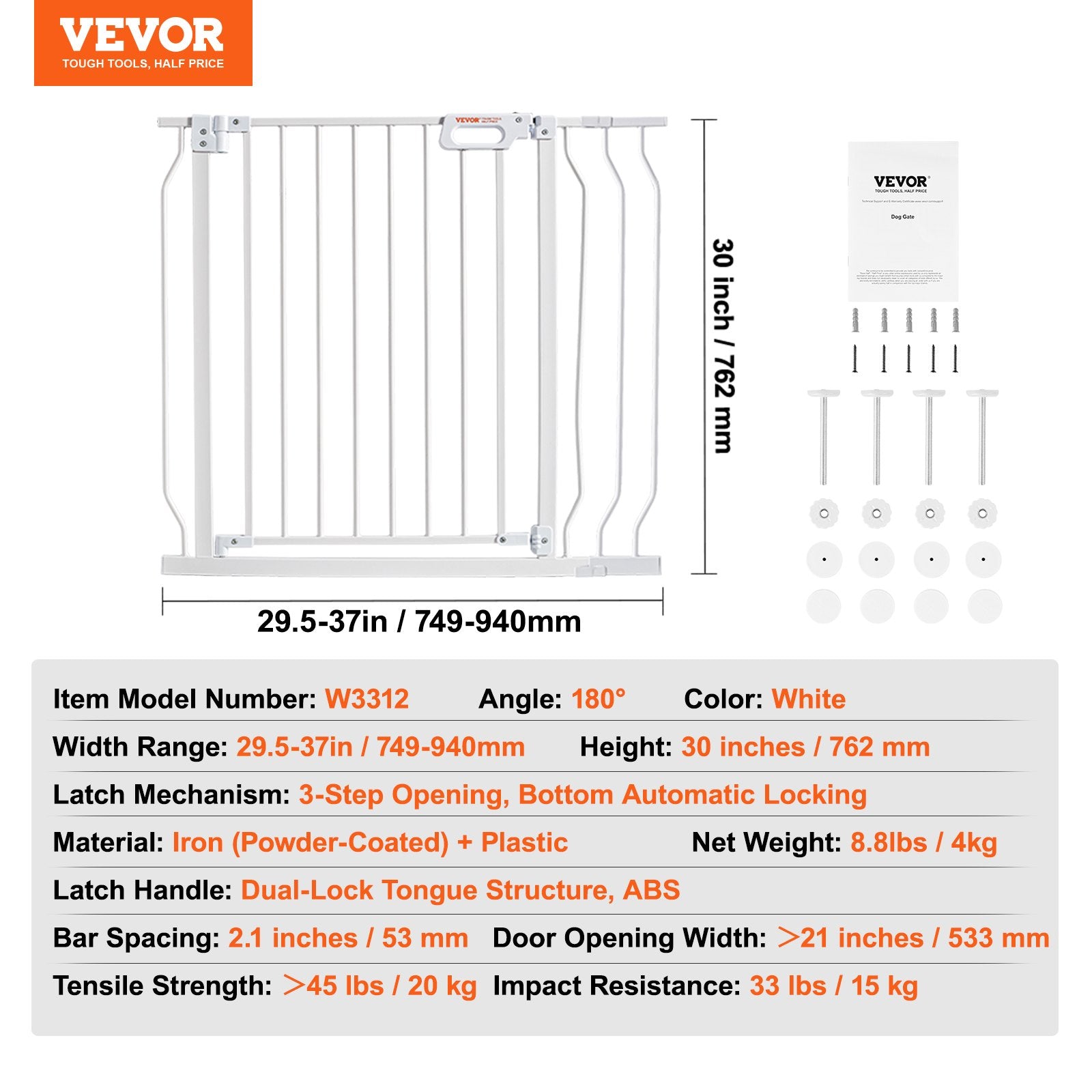 Baby Gate, 749-990 mm Extra Wide, 762 mm High, Dog Gate for Stairs Doorways and House, Easy Step Walk Thru V952-LGXCWZLBS305UJDRFV0