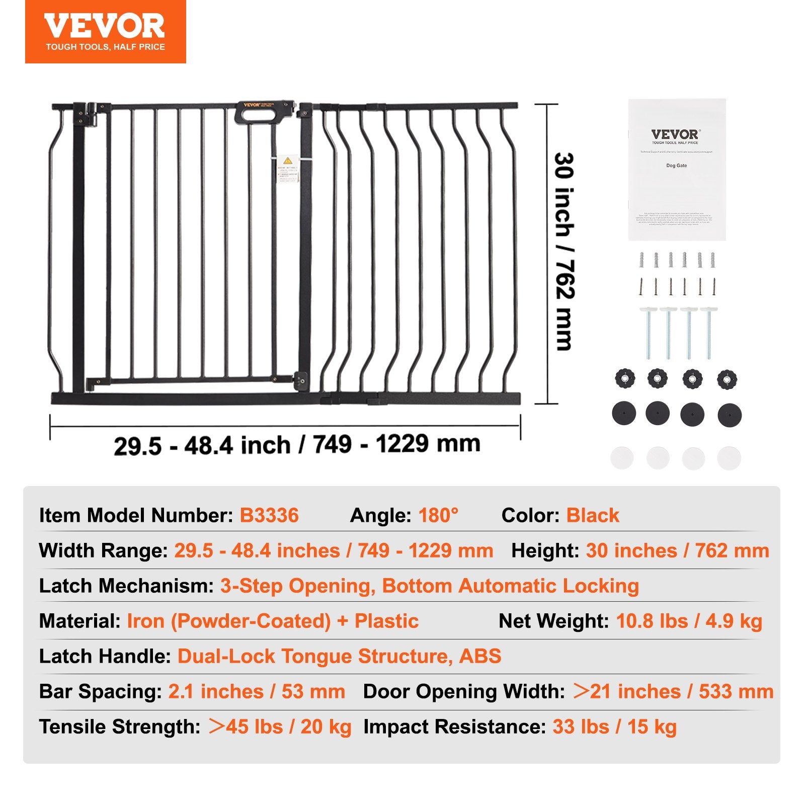 Baby Gate, 749-1229 mm Extra Wide, 762 mm High, Dog Gate for Stairs Doorways and House, Easy Step Walk Thru V952-LGXCWZLHS305B4PGBV0