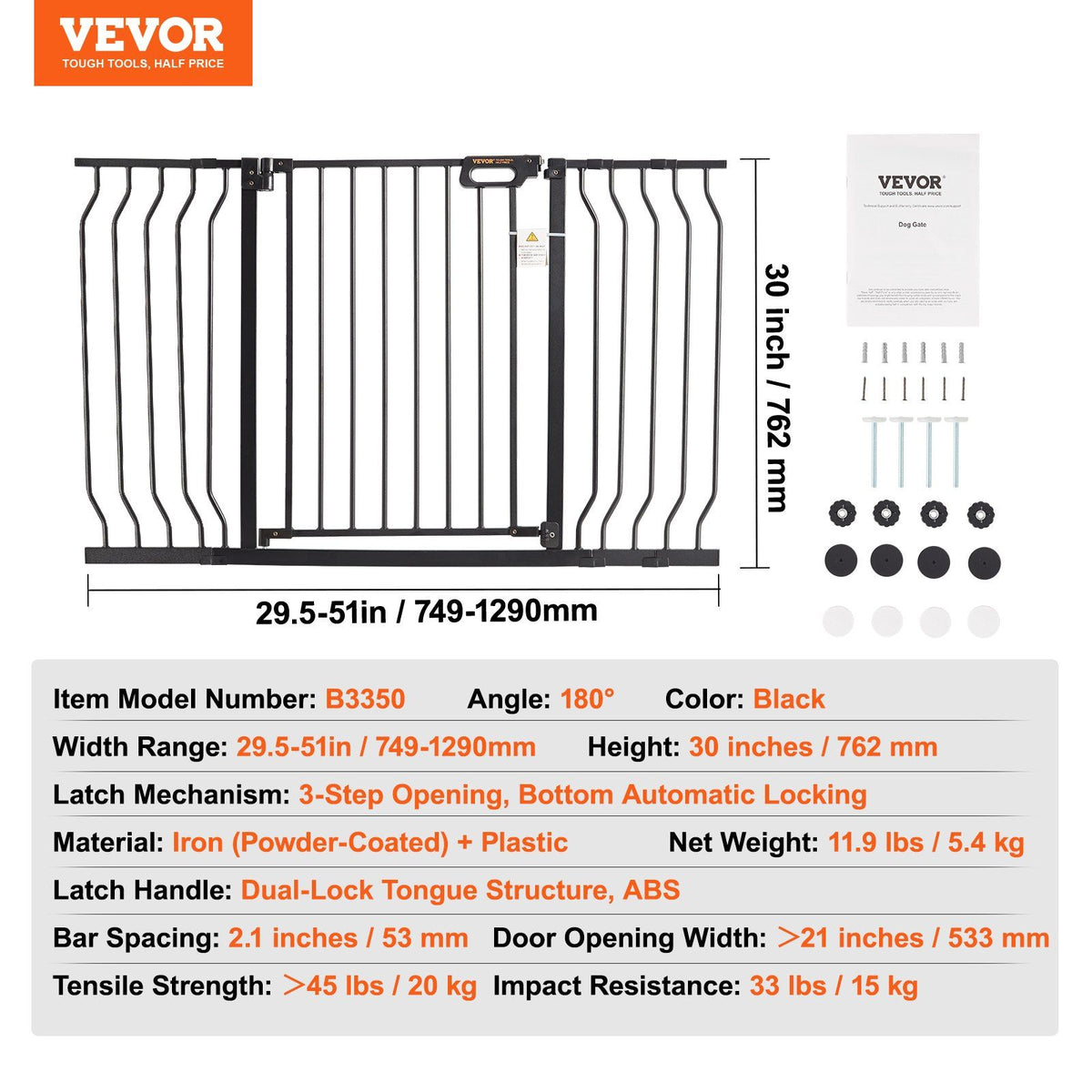 Baby Gate, 749-1346 mm Extra Wide, 762 mm High, Dog Gate for Stairs Doorways and House, Easy Step Walk Thru V952-LGXCWZLHS305EYXEKV0