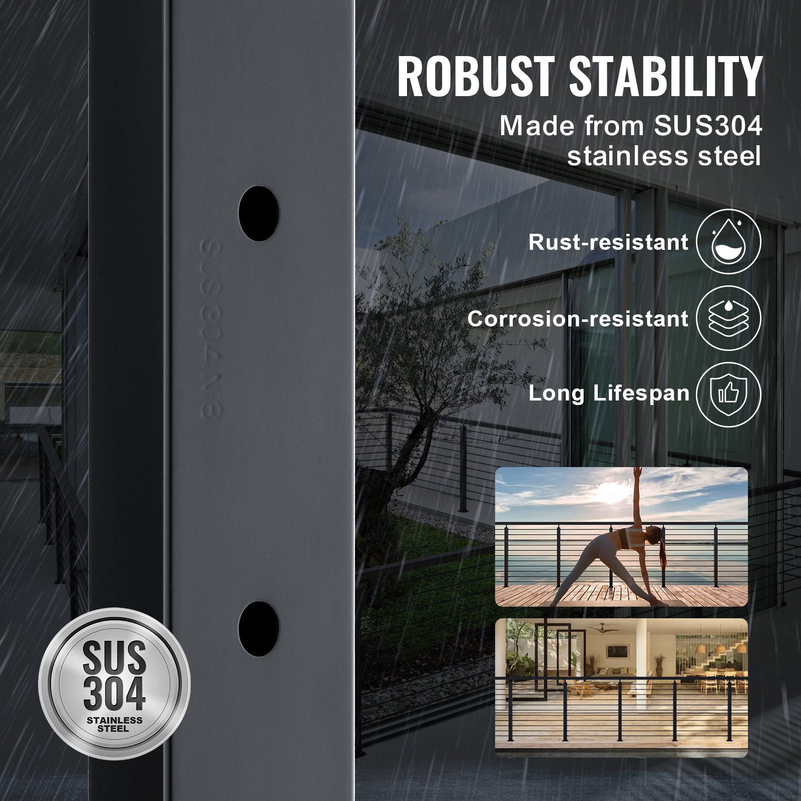 Cable Railing Post Level Deck Stair Post 42 x 1.97 x 1.97" Cable Handrail Post Stainless Steel Brushed V952-LGZHYK106.7555CQAV0