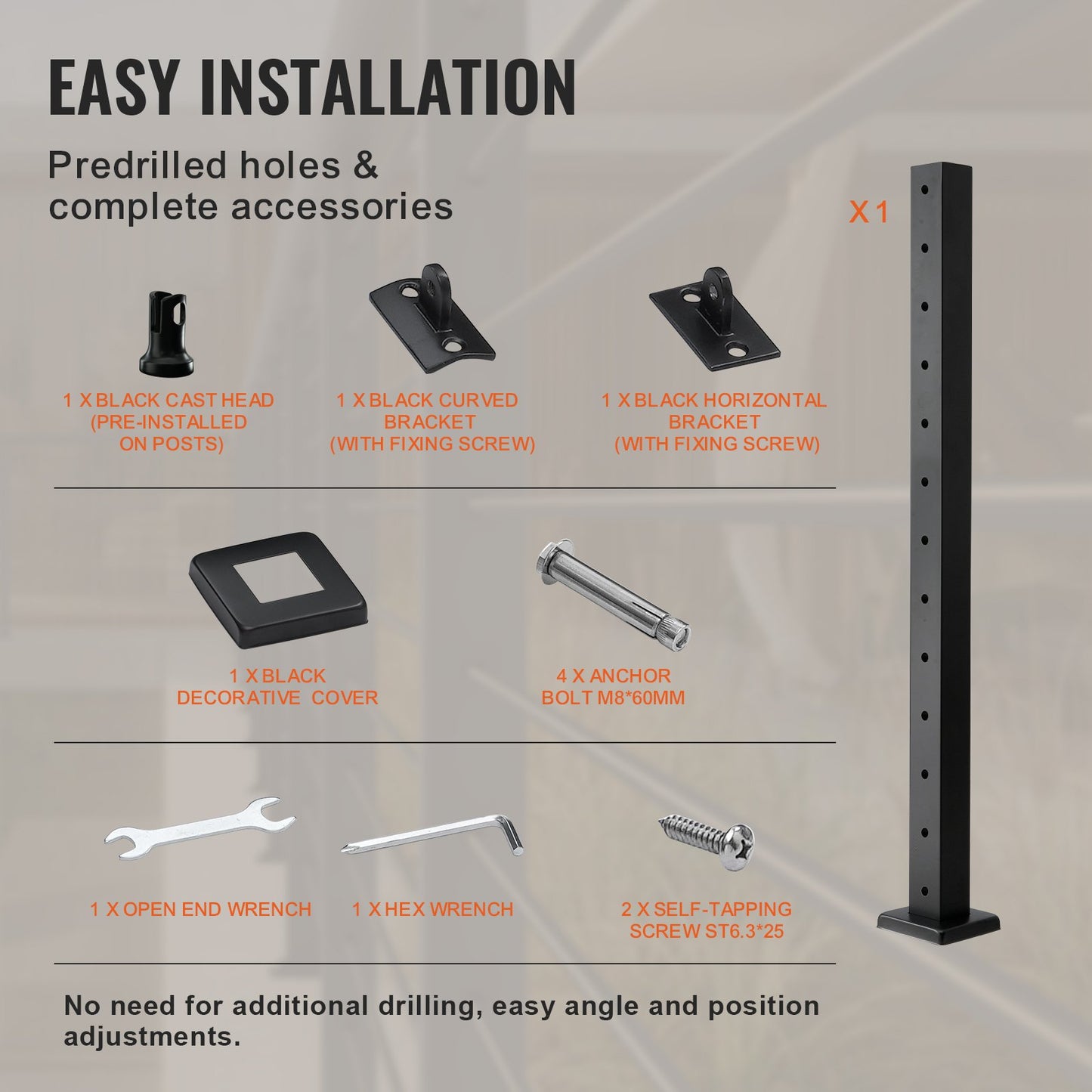 Cable Railing Post Level Deck Stair Post 42 x 1.97 x 1.97" Cable Handrail Post Stainless Steel Brushed V952-LGZHYK106.7555CQAV0