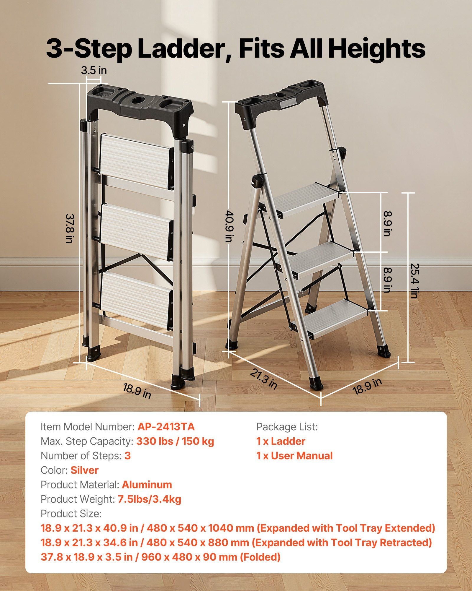 3 Step Ladder, Folding Step Stool with Wide Anti-Slip Pedal and Comfort Handgrip, 150 kg Capacity Portable V952-LHJBGTSB00002PVUB001V0