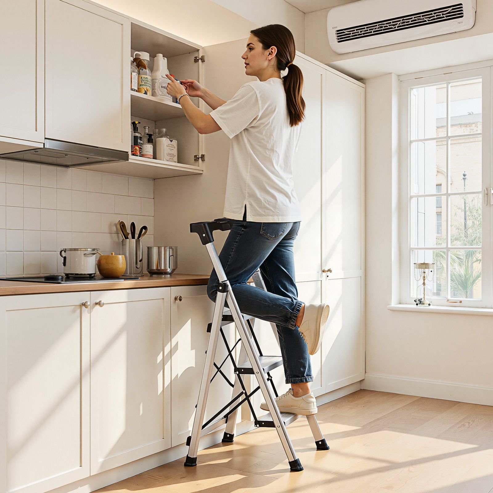 3 Step Ladder, Folding Step Stool with Wide Anti-Slip Pedal and Comfort Handgrip, 150 kg Capacity Portable V952-LHJBGTSB00002PVUB001V0