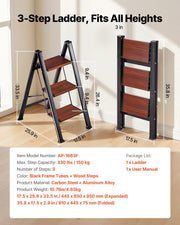 3 Step Ladder, Folding Step Stool with Wide Anti-Slip Pedal and Comfort Handgrip, Lightweight 150 kg Capacity V952-LHJHJTSB0000TIJOS001V0