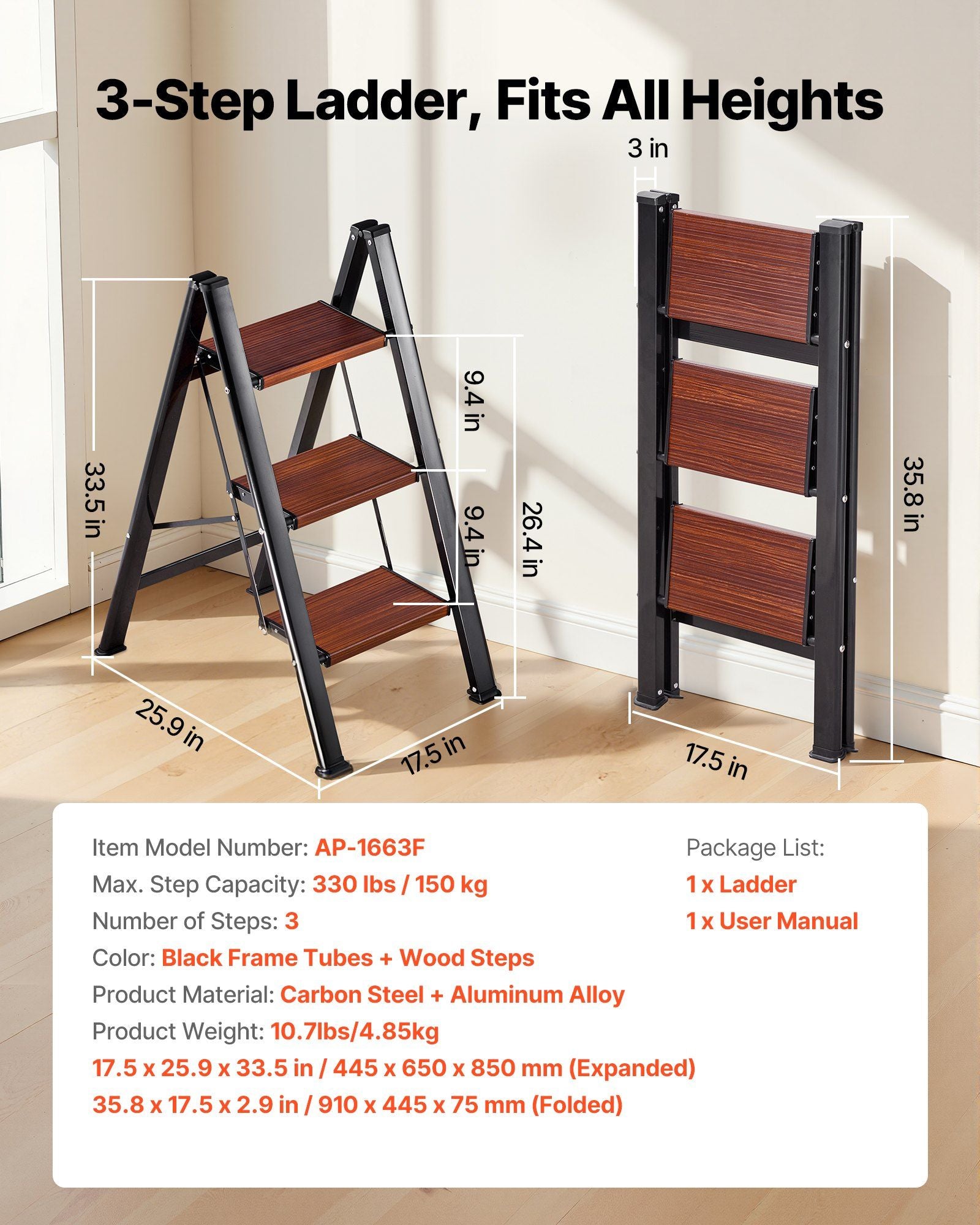 3 Step Ladder, Folding Step Stool with Wide Anti-Slip Pedal and Comfort Handgrip, Lightweight 150 kg Capacity V952-LHJHJTSB0000TIJOS001V0