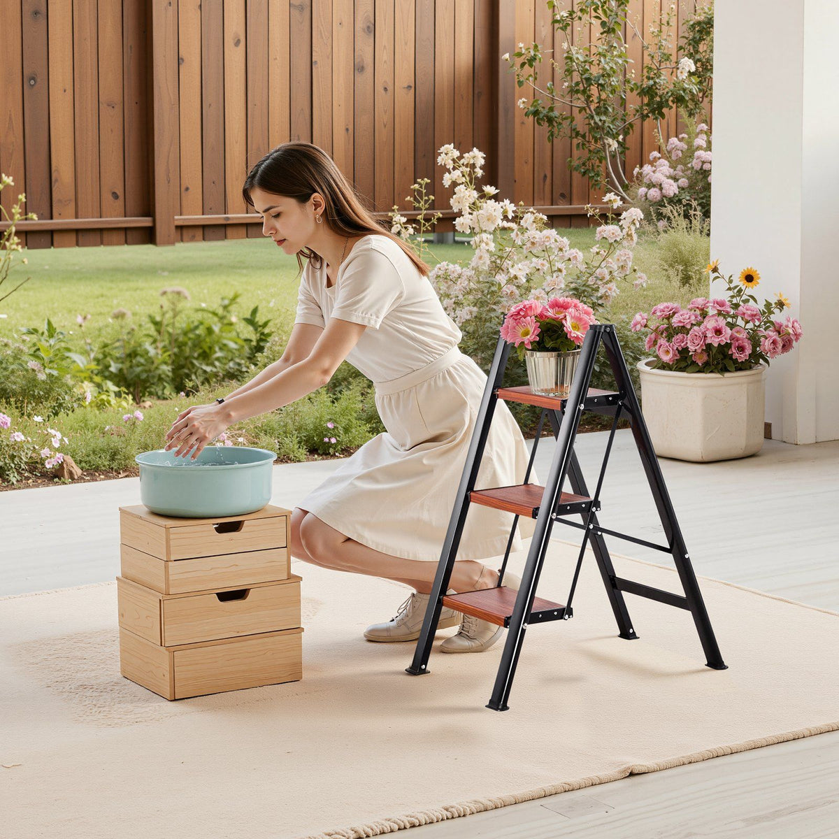 3 Step Ladder, Folding Step Stool with Wide Anti-Slip Pedal and Comfort Handgrip, Lightweight 150 kg Capacity V952-LHJHJTSB0000TIJOS001V0