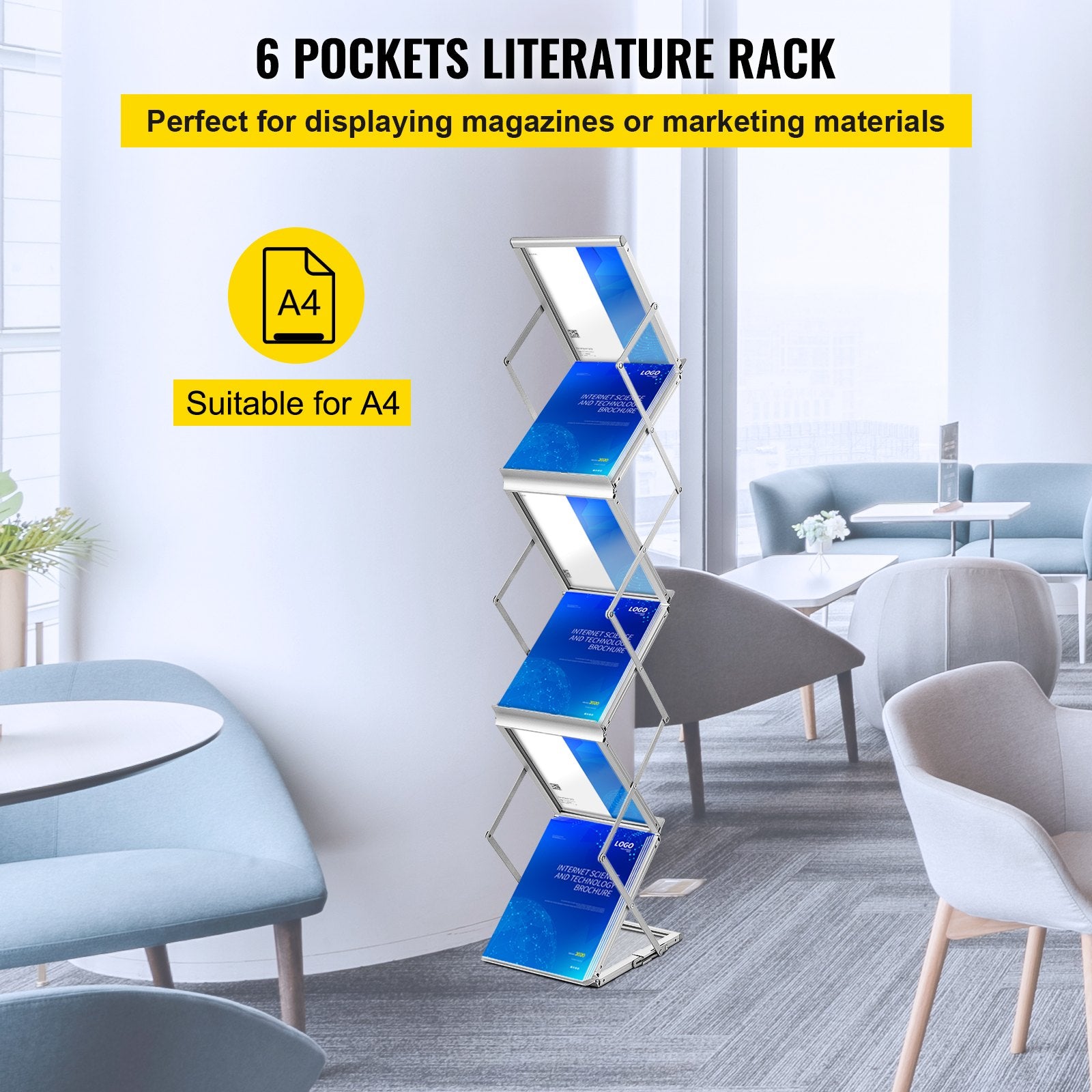 Literature Rack, 6 Pockets, Pop up Aluminum Magazine Rack, Lightweight Catalog Holder Stand w/Carrying Bag V952-LHJJCZDSSM6A4NJPRV0