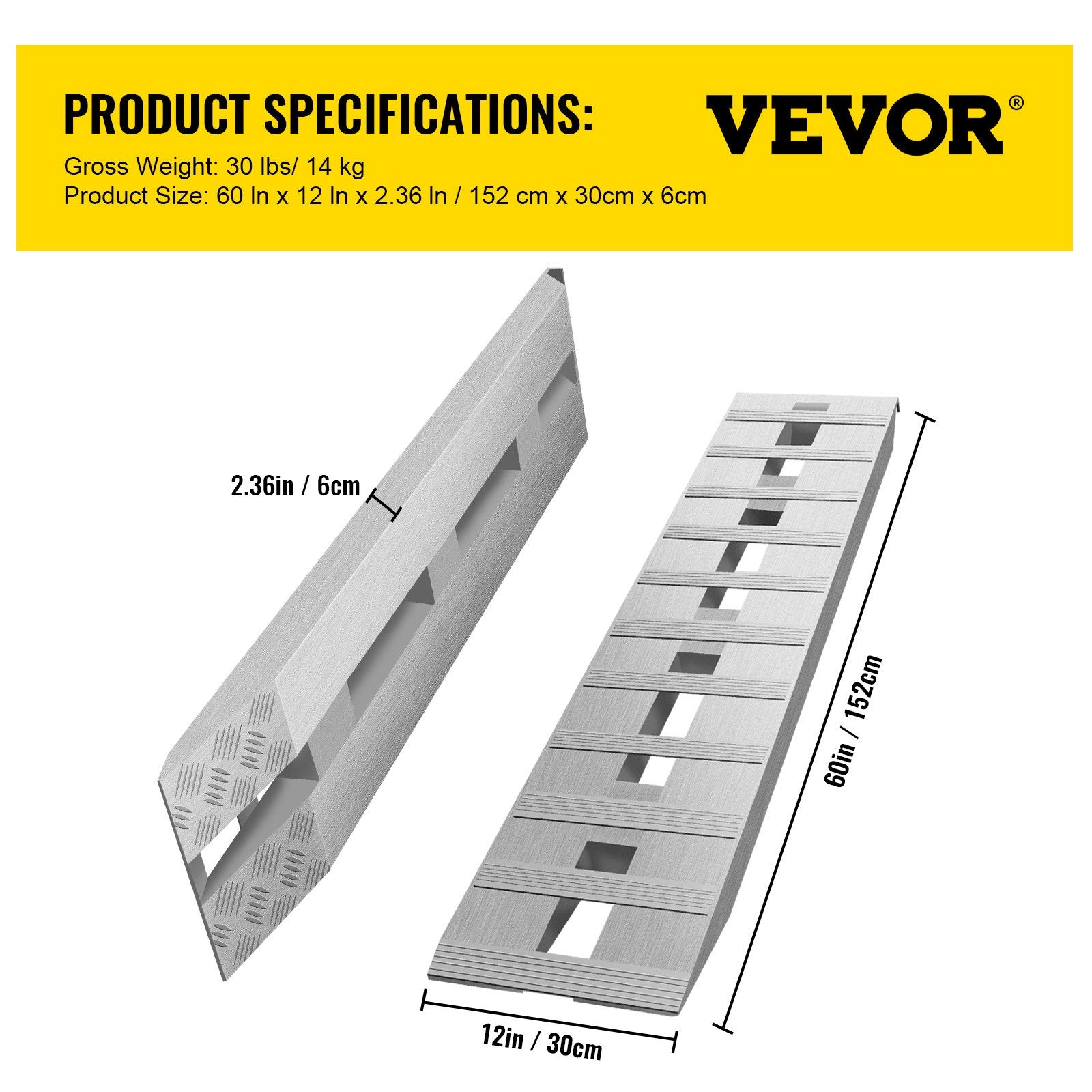 60' X 12' X 2.5'Aluminum Trailer Ramps 6000LBS Total Beavertail Hook End 1 Pair 2 Ramps V952-LHJPD60X12IN2ZZ01V0