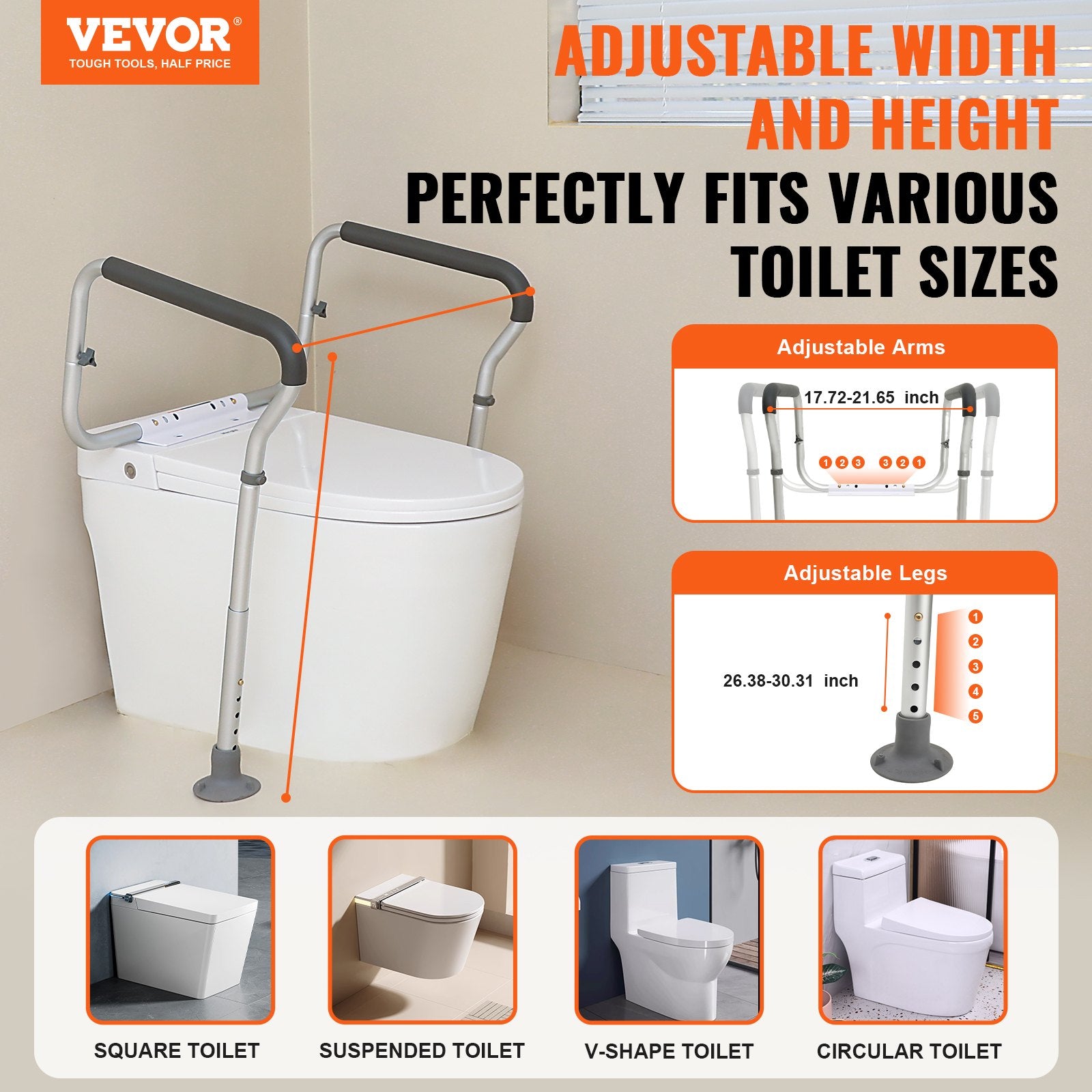 Toilet Safety Rail, Bathroom Toilet Seat Frame, Adjustable Width & Height Fit Most Toilets, Supports 136 kg, V952-LJLDSAQLG300LXDX1V0