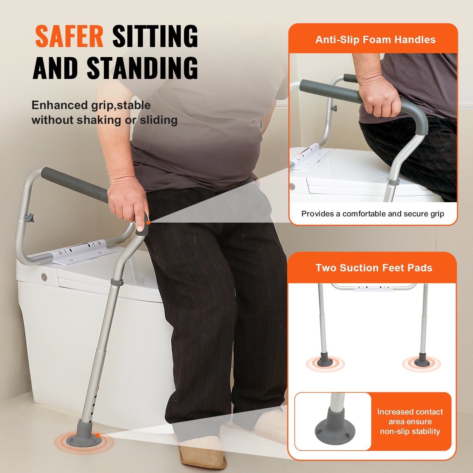 Toilet Safety Rail, Bathroom Toilet Seat Frame, Adjustable Width & Height Fit Most Toilets, Supports 136 kg, V952-LJLDSAQLG300LXDX1V0