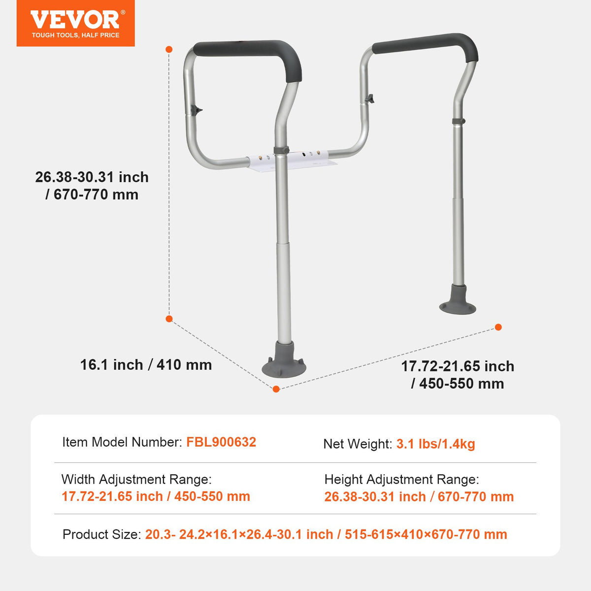 Toilet Safety Rail, Bathroom Toilet Seat Frame, Adjustable Width & Height Fit Most Toilets, Supports 136 kg, V952-LJLDSAQLG300LXDX1V0