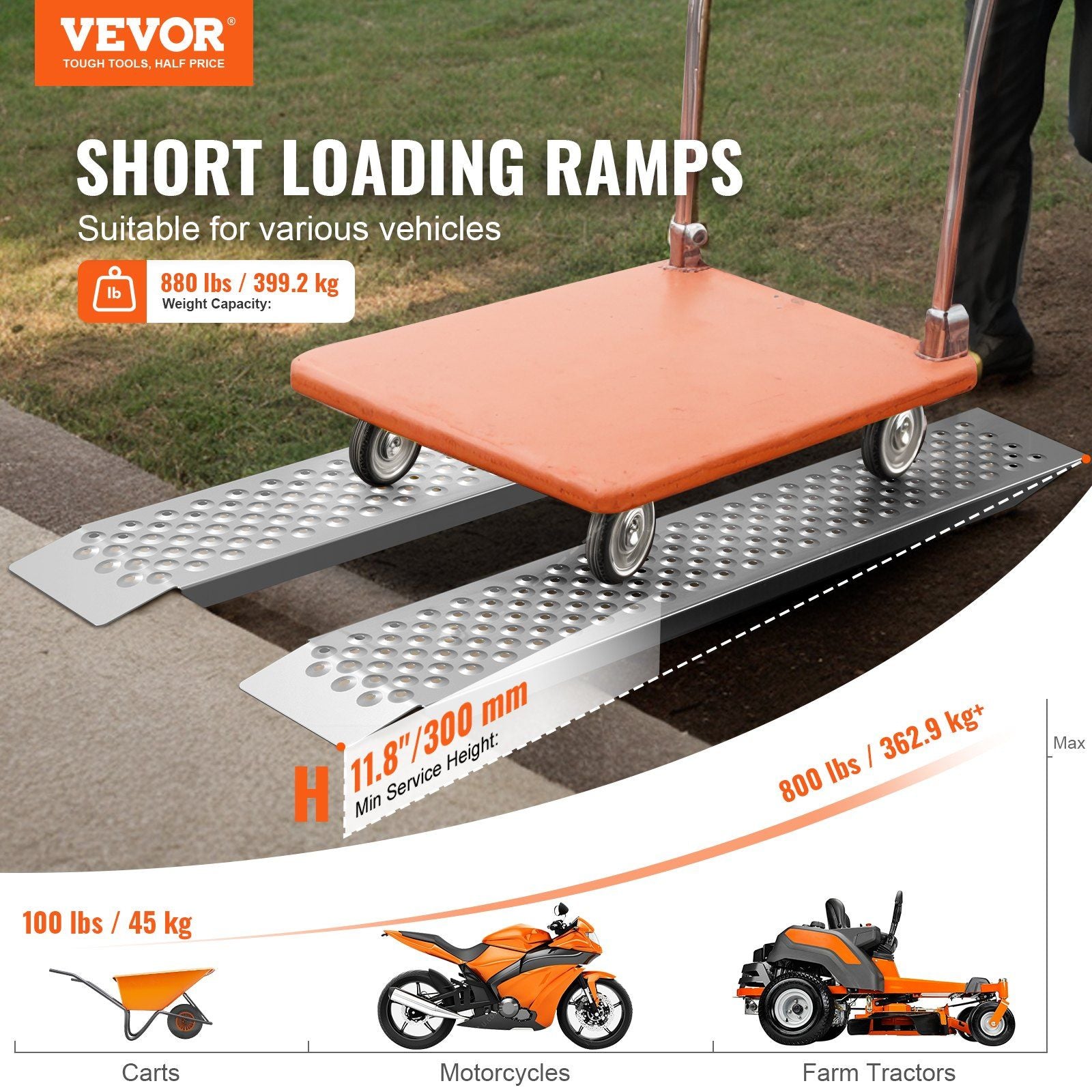 Portable Loading Ramps, 2 Pcs 1200 x 215 mm, Durable Aluminum Shed Ramp Set with Anti-Slip Holes, Compact V952-LJSL472X85INA1TAOV0
