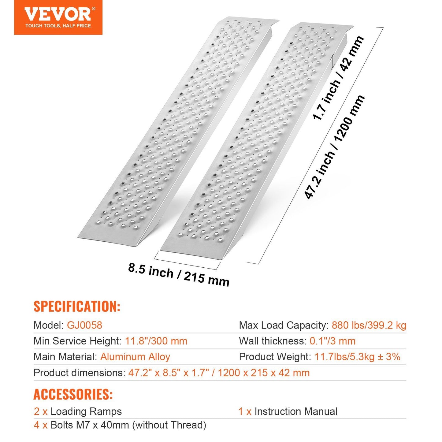 Portable Loading Ramps, 2 Pcs 1200 x 215 mm, Durable Aluminum Shed Ramp Set with Anti-Slip Holes, Compact V952-LJSL472X85INA1TAOV0