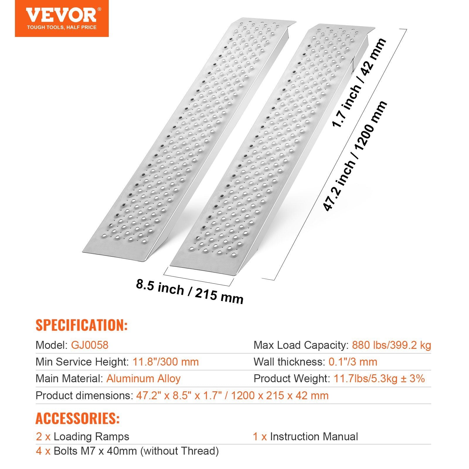 Portable Loading Ramps, 2 Pcs 1200 x 215 mm, Durable Aluminum Shed Ramp Set with Anti-Slip Holes, Compact V952-LJSL472X85INA1TAOV0