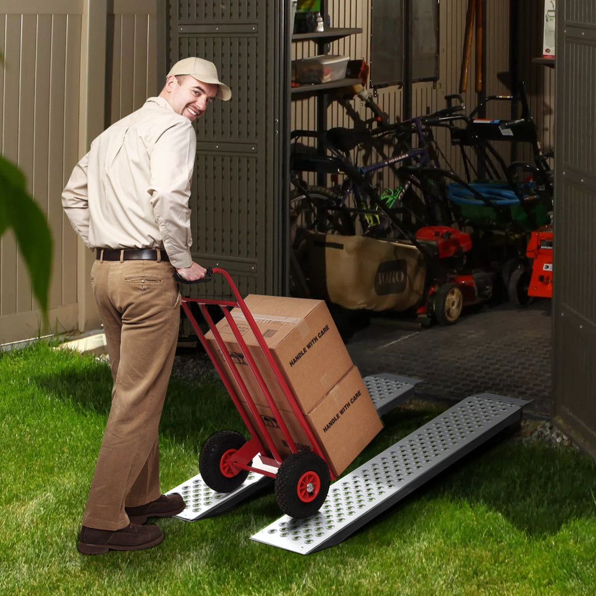 Portable Loading Ramps, 2 Pcs 1200 x 215 mm, Durable Aluminum Shed Ramp Set with Anti-Slip Holes, Compact V952-LJSL472X85INA1TAOV0