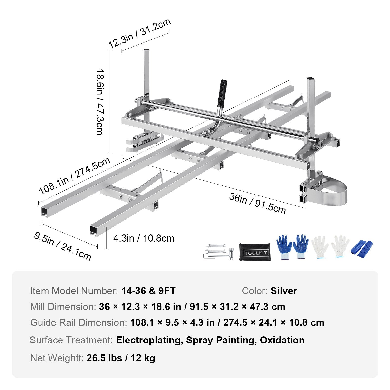 Chainsaw Mill 14"-36" Guide Bar and 9 ft Aluminum Rail Mill Guide System V952-LJZJDGTZLMDGKKEY3V0