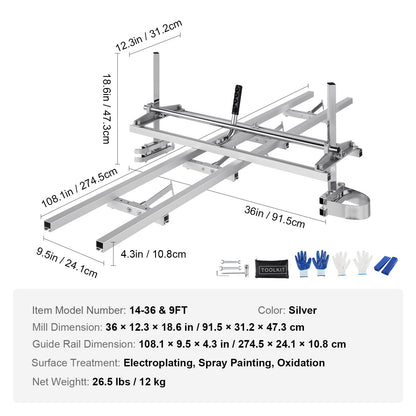 Chainsaw Mill 14"-36" Guide Bar and 9 ft Aluminum Rail Mill Guide System V952-LJZJDGTZLMDGKKEY3V0