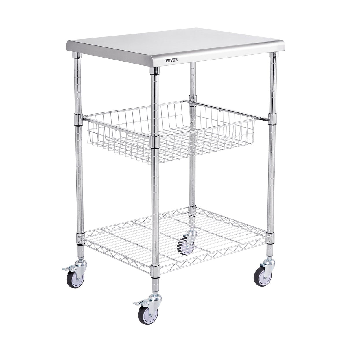 Kitchen Utility Cart, 3 Tiers, Wire Rolling Cart with 213kg Capacity, Steel Service Cart on Wheels, Metal V952-LLCFTCCB20X24IGJ4V0
