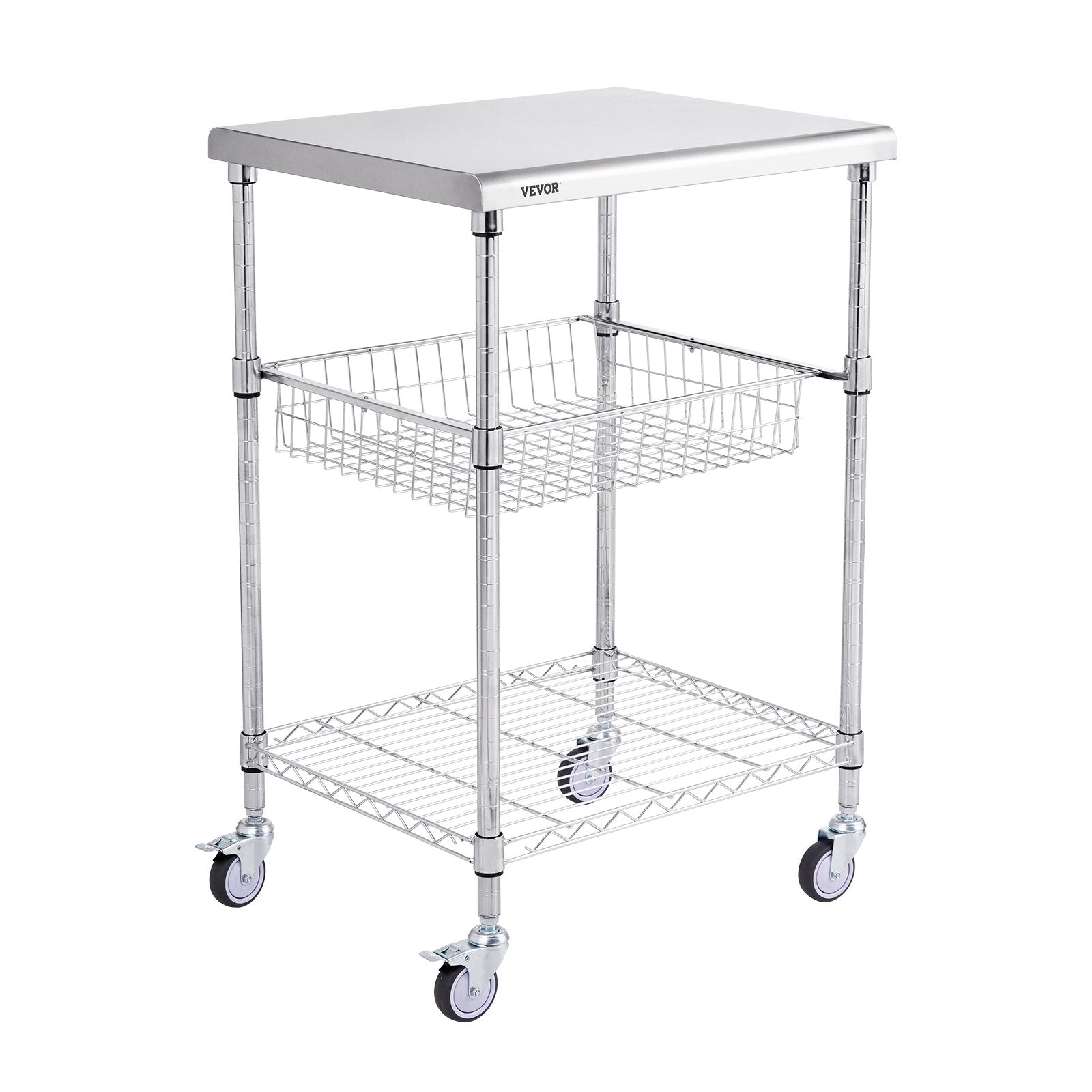Kitchen Utility Cart, 3 Tiers, Wire Rolling Cart with 213kg Capacity, Steel Service Cart on Wheels, Metal V952-LLCFTCCB20X24IGJ4V0