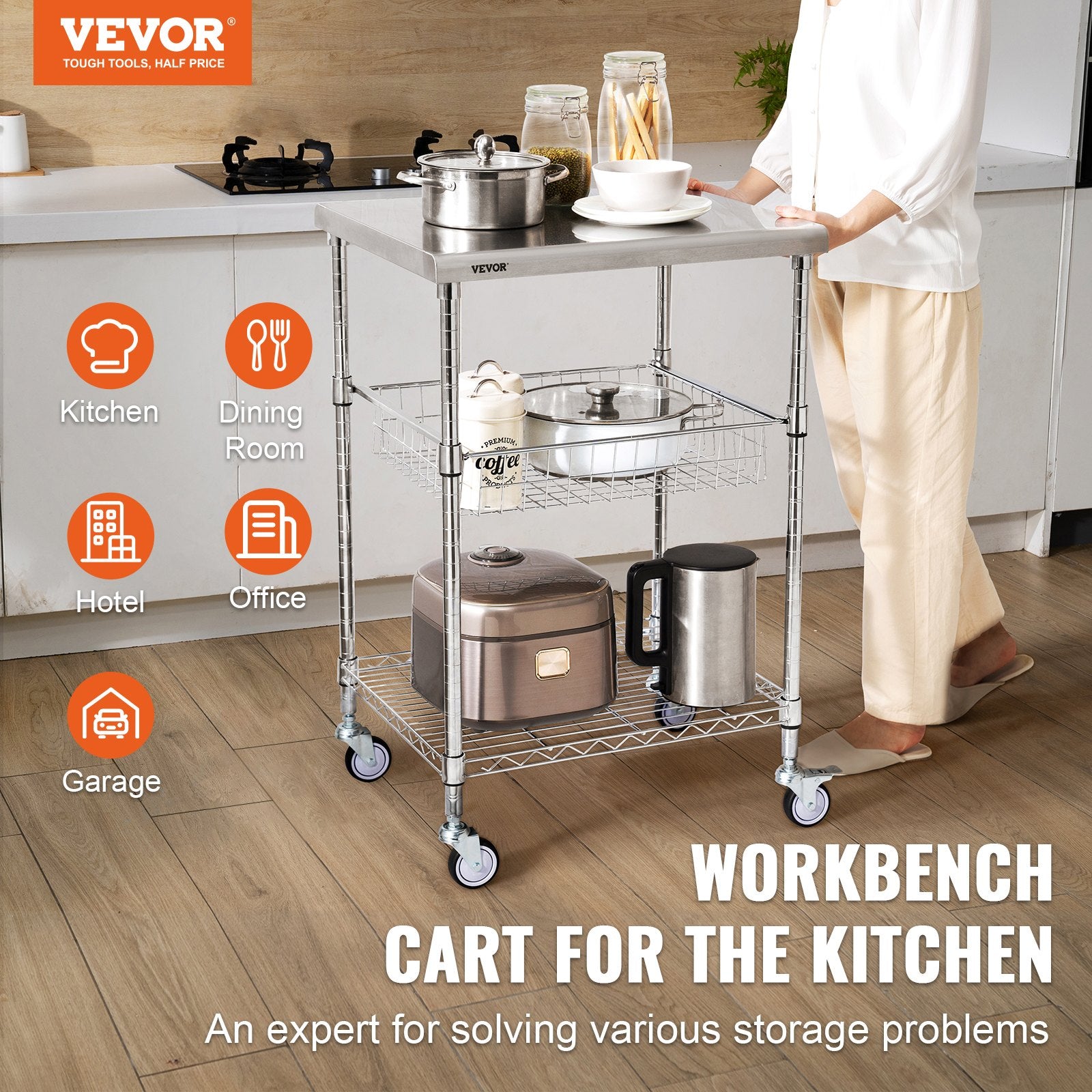 Kitchen Utility Cart, 3 Tiers, Wire Rolling Cart with 213kg Capacity, Steel Service Cart on Wheels, Metal V952-LLCFTCCB20X24IGJ4V0