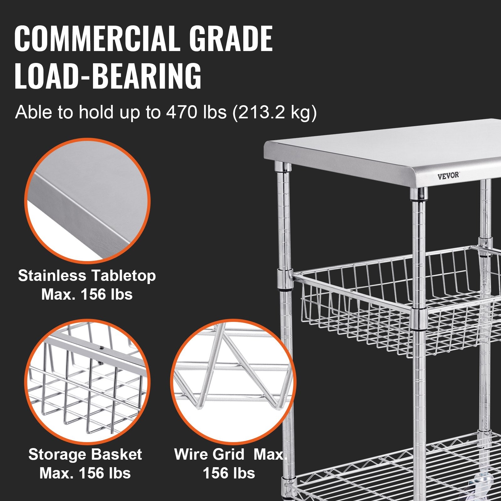 Kitchen Utility Cart, 3 Tiers, Wire Rolling Cart with 213kg Capacity, Steel Service Cart on Wheels, Metal V952-LLCFTCCB20X24IGJ4V0
