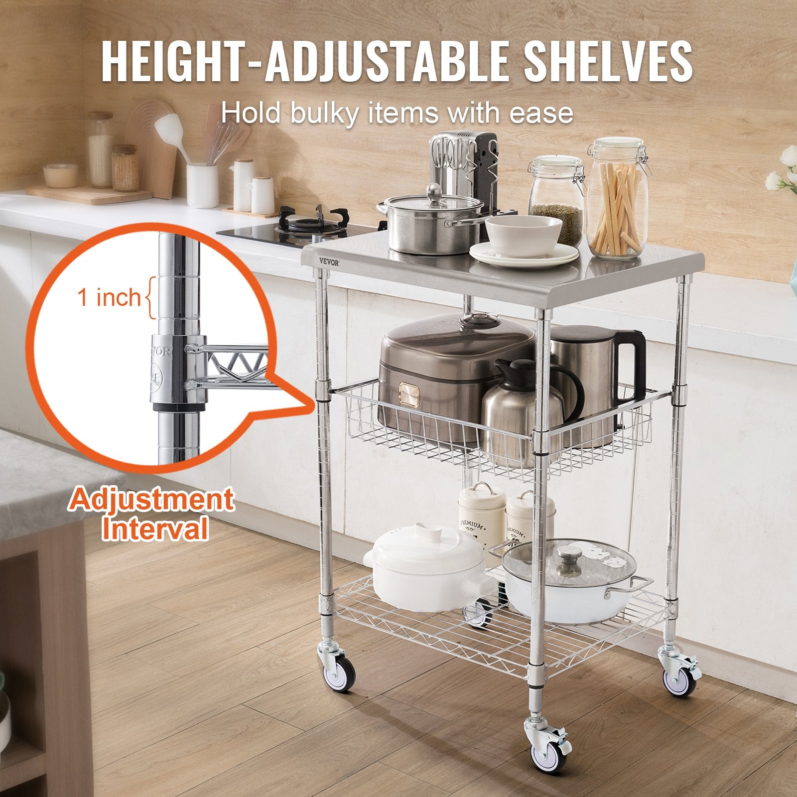 Kitchen Utility Cart, 3 Tiers, Wire Rolling Cart with 213kg Capacity, Steel Service Cart on Wheels, Metal V952-LLCFTCCB20X24IGJ4V0
