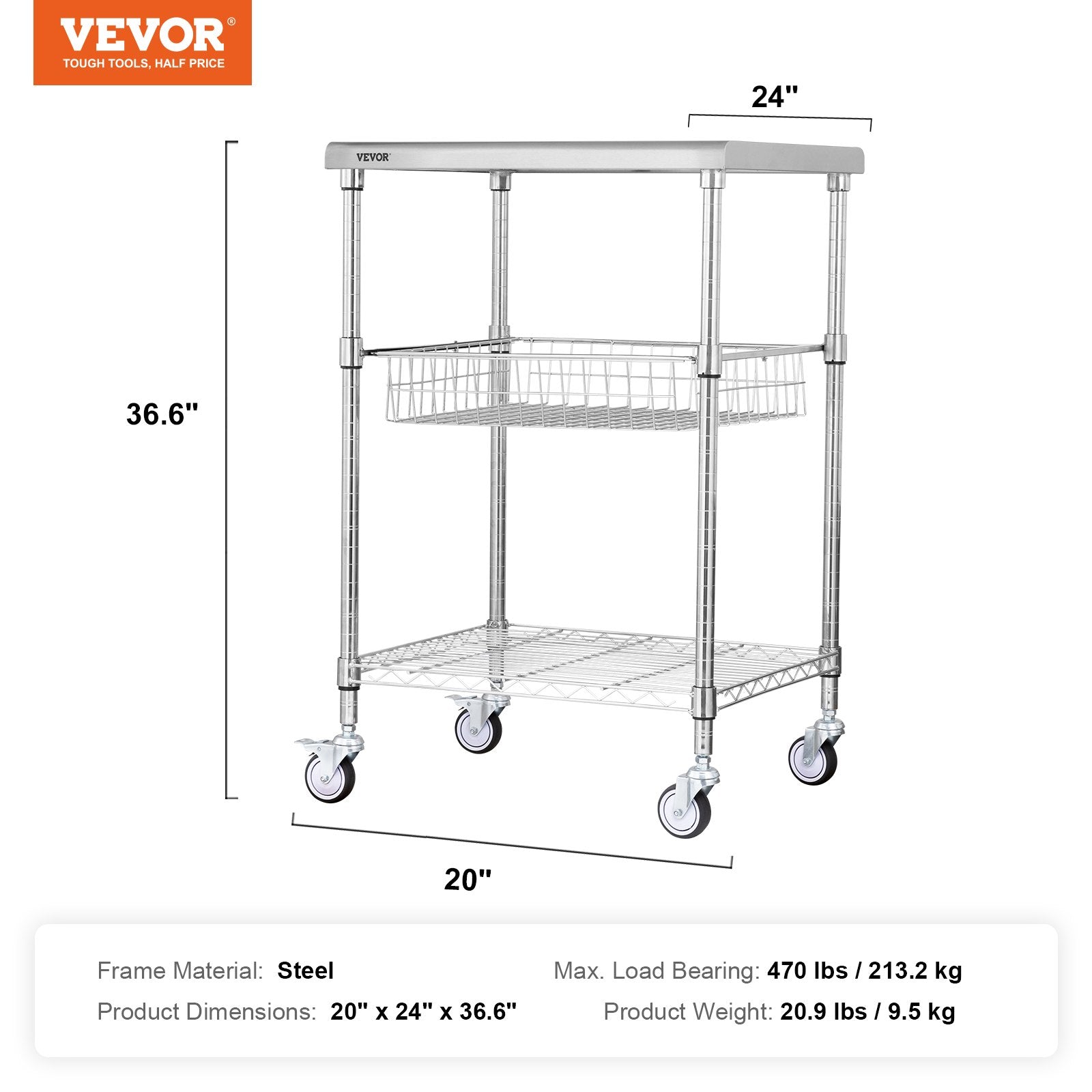 Kitchen Utility Cart, 3 Tiers, Wire Rolling Cart with 213kg Capacity, Steel Service Cart on Wheels, Metal V952-LLCFTCCB20X24IGJ4V0