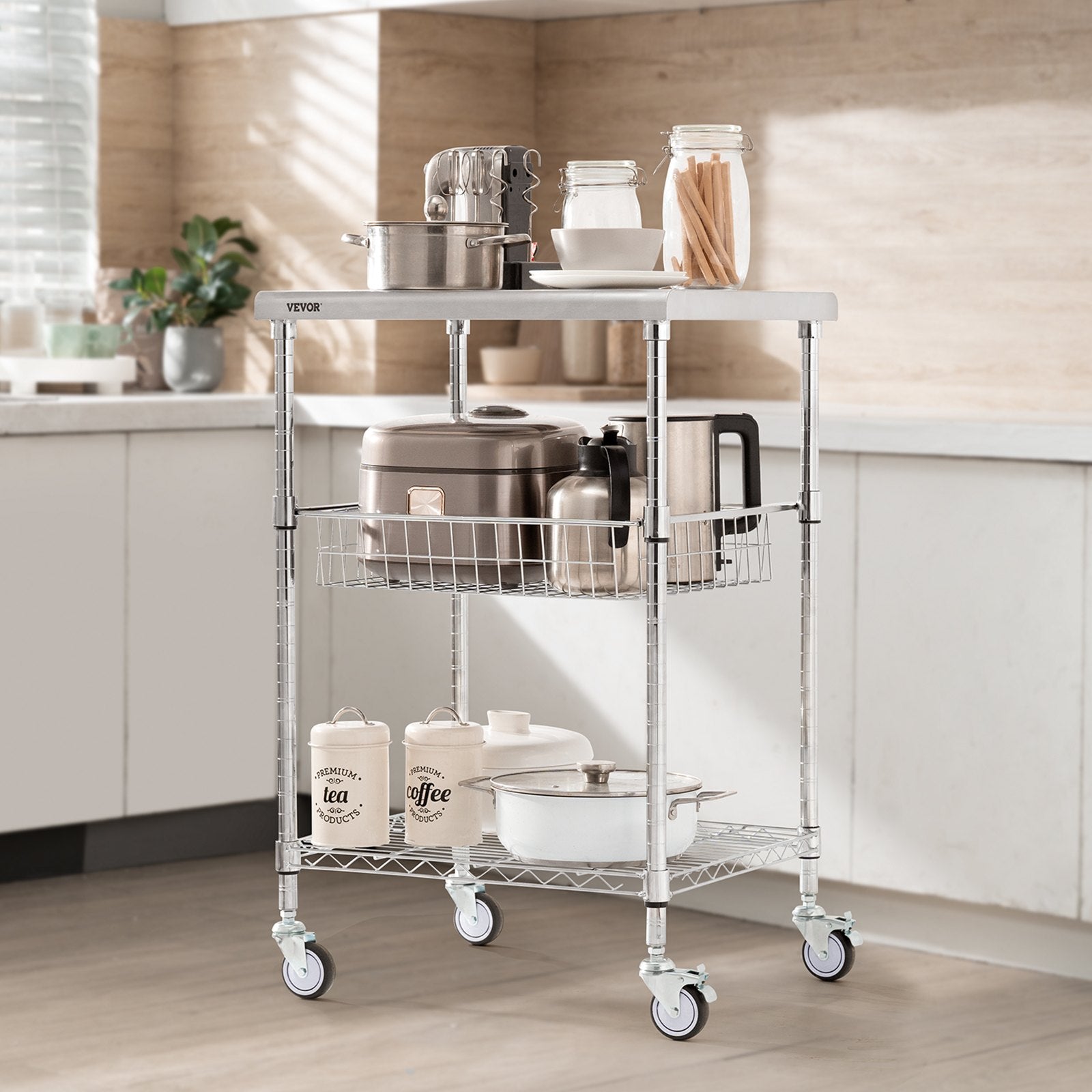 Kitchen Utility Cart, 3 Tiers, Wire Rolling Cart with 213kg Capacity, Steel Service Cart on Wheels, Metal V952-LLCFTCCB20X24IGJ4V0