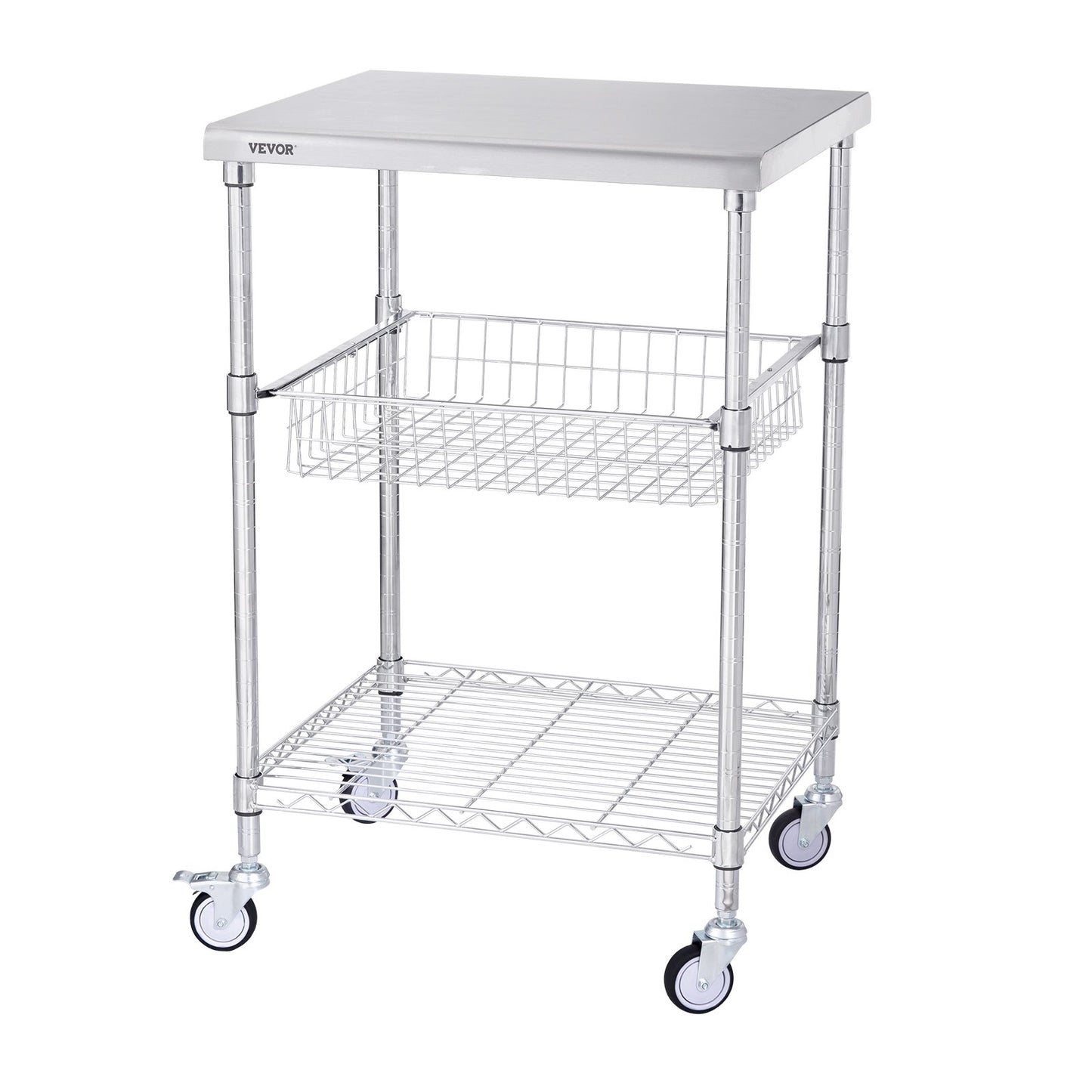Kitchen Utility Cart, 3 Tiers, Wire Rolling Cart with 213kg Capacity, Steel Service Cart on Wheels, Metal V952-LLCFTCCB20X24IGJ4V0