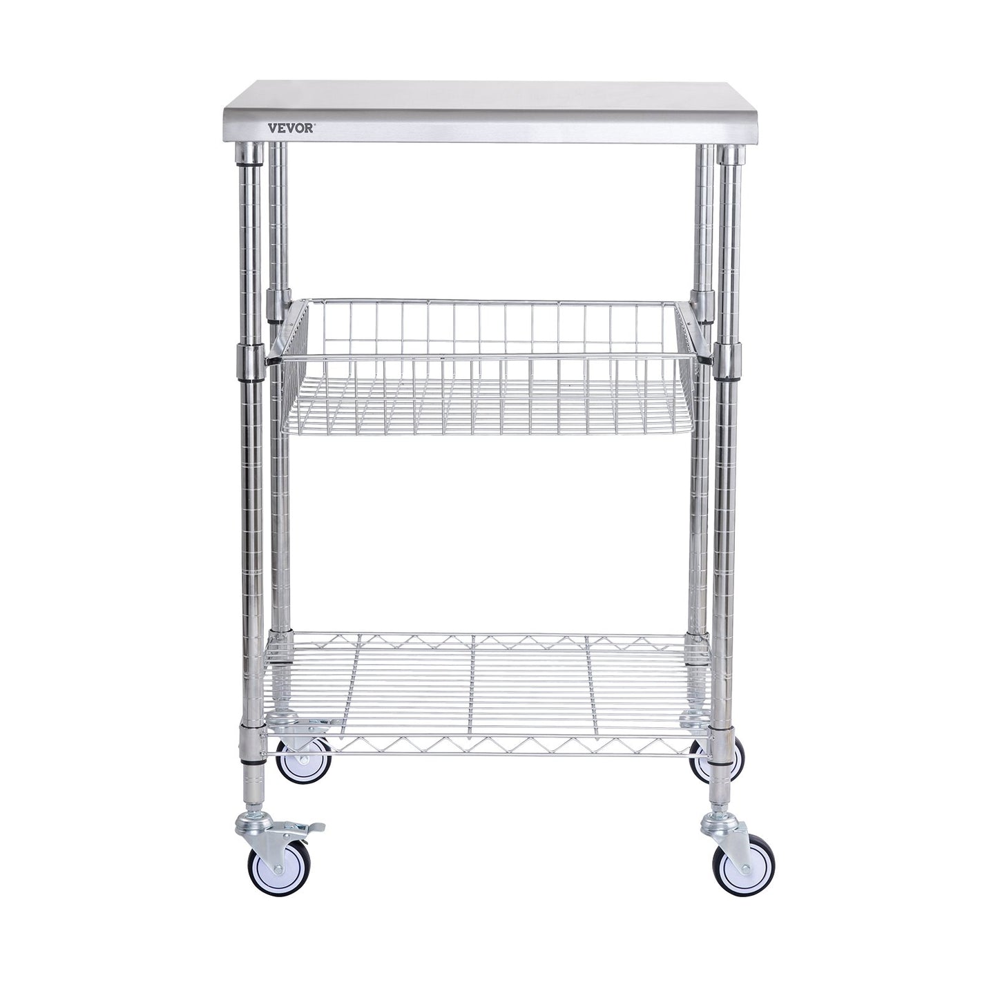 Kitchen Utility Cart, 3 Tiers, Wire Rolling Cart with 213kg Capacity, Steel Service Cart on Wheels, Metal V952-LLCFTCCB20X24IGJ4V0