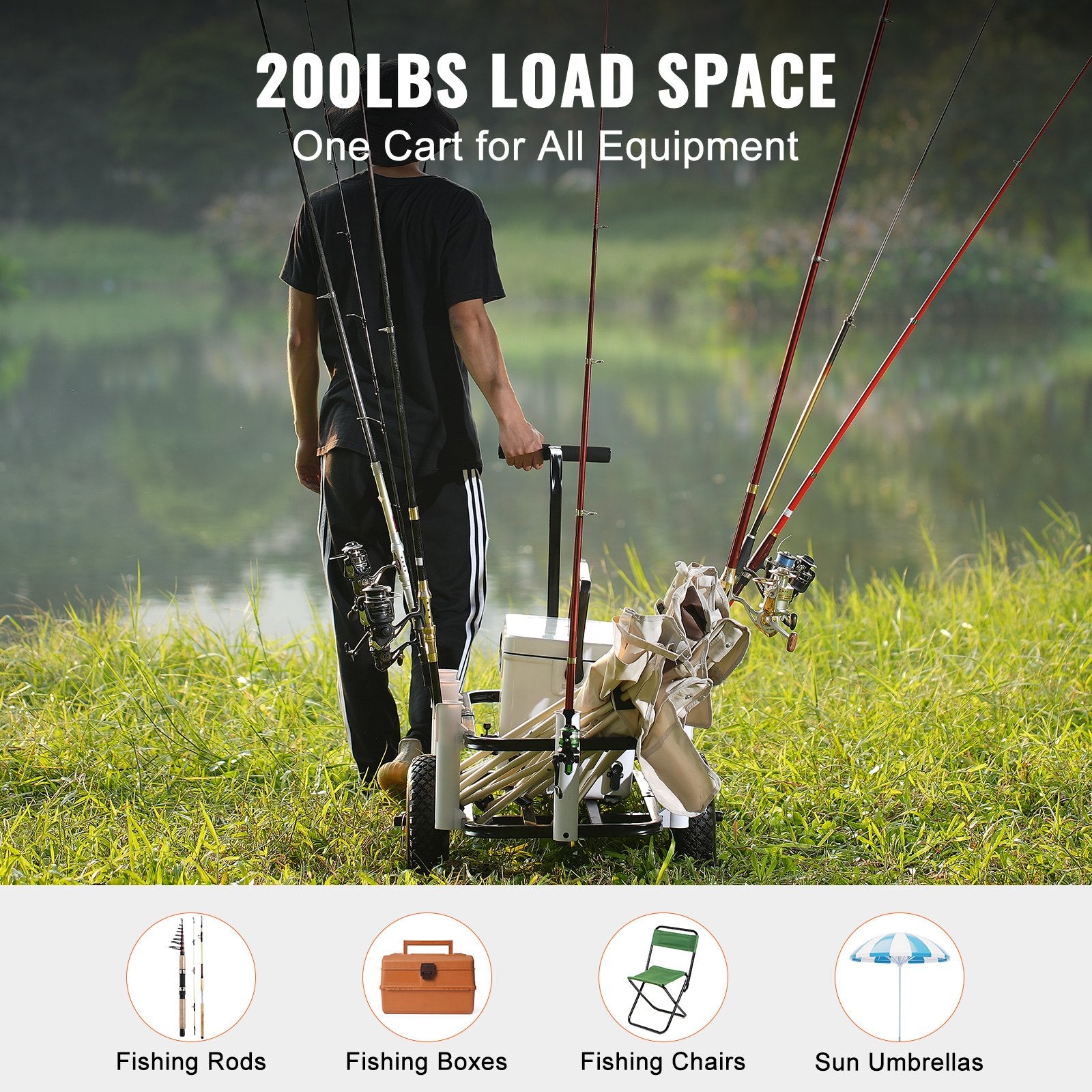 Beach Fishing Cart, 91 kg Load Capacity, Fish and Marine Cart with Two 275 mm Big Wheels Rubber Balloon Tires V952-LLKYJC11YC0080XFQV0