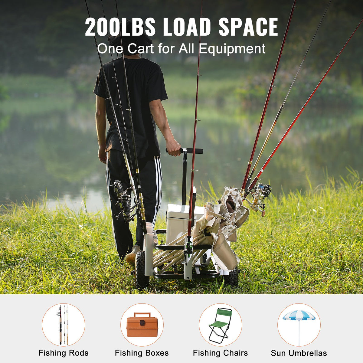 Beach Fishing Cart, 91 kg Load Capacity, Fish and Marine Cart with Two 275 mm Big Wheels Rubber Balloon Tires V952-LLKYJC11YC0080XFQV0