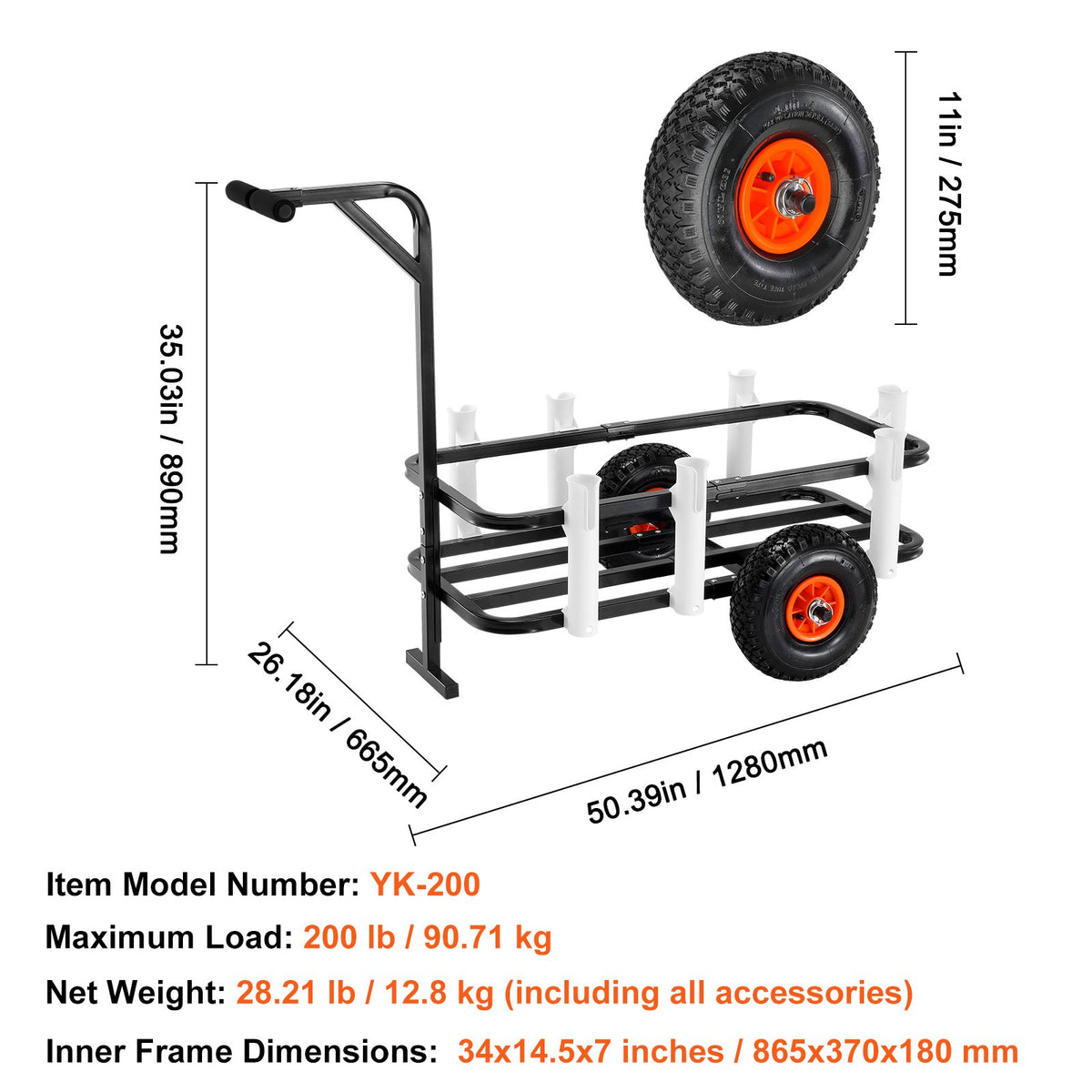 Beach Fishing Cart, 91 kg Load Capacity, Fish and Marine Cart with Two 275 mm Big Wheels Rubber Balloon Tires V952-LLKYJC11YC0080XFQV0