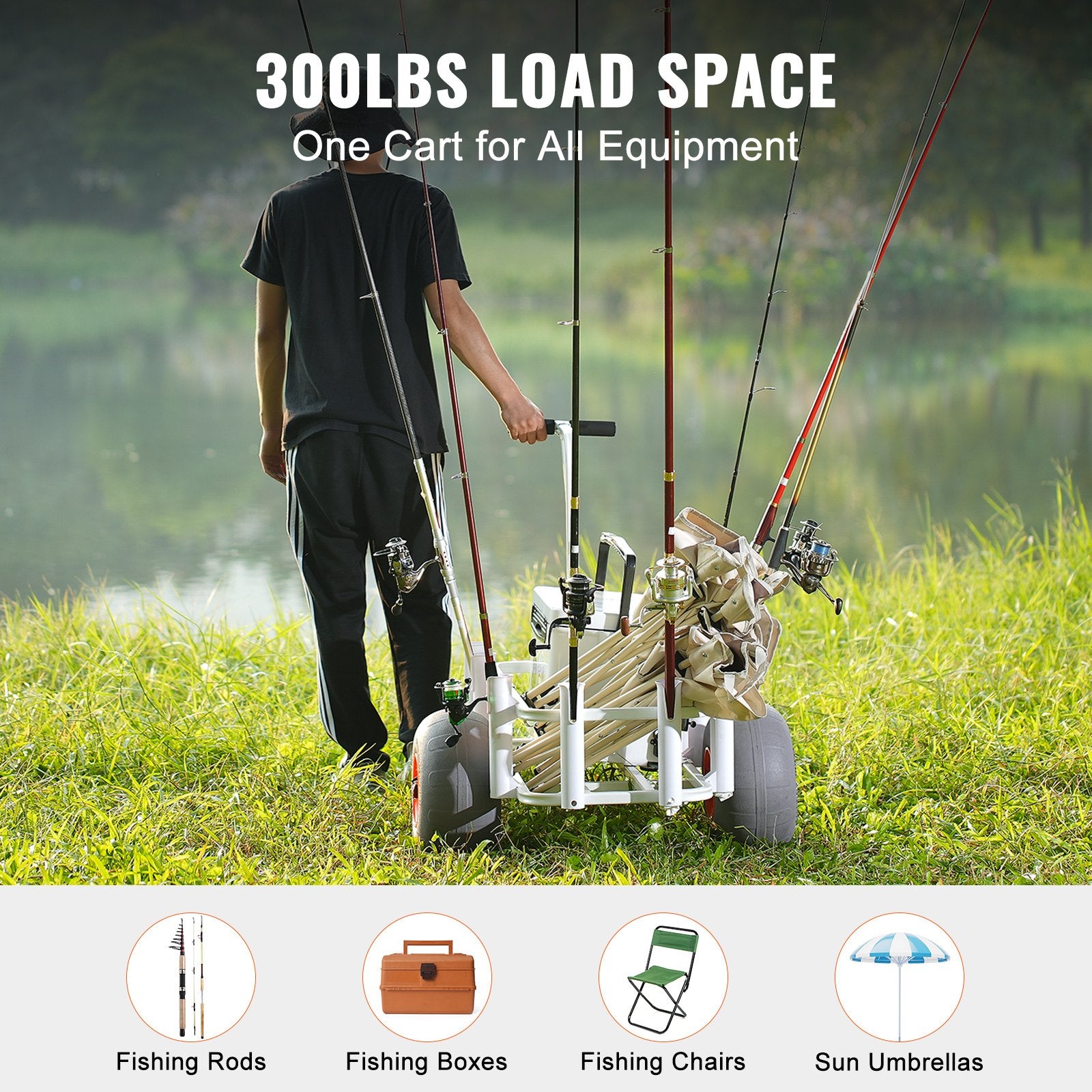 Beach Fishing Cart, 136 kg Load Capacity, Fish and Marine Cart with Two 330 mm Big Wheels PU Balloon Tires V952-LLKYJC13YC0073FBMV0