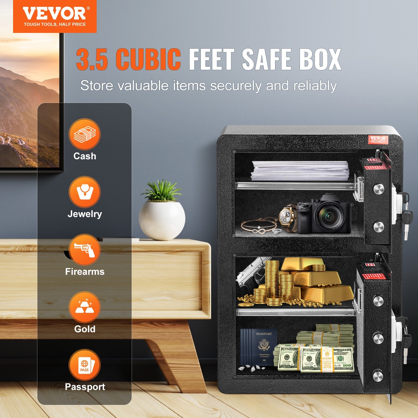 Double Door 3.5 cu.ft Safe Box with Key Lock Password Fireproof Bag Black V952-LMBXXLS3139CMP3A6V9