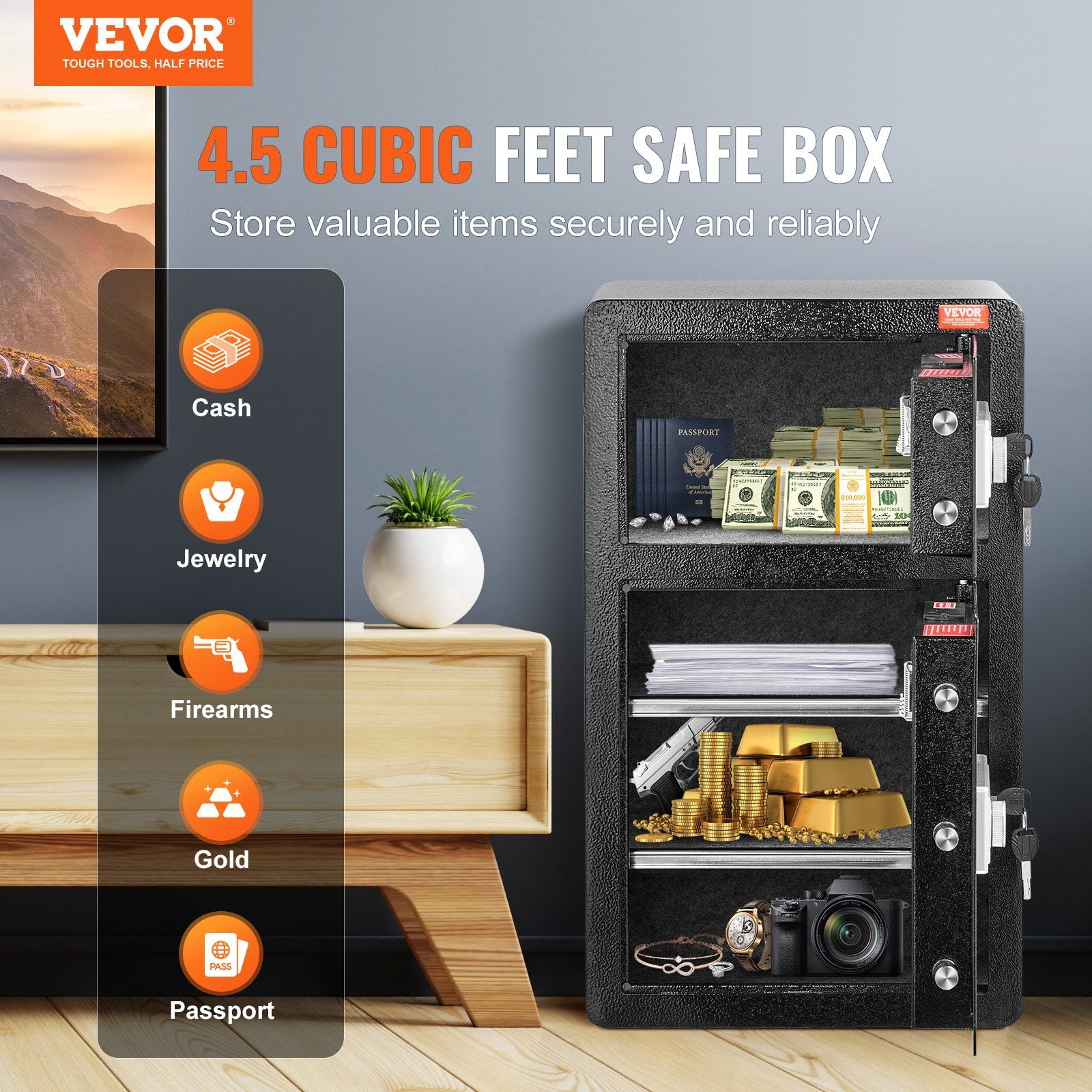 Double Doors 4.5 cu.ft Safe Box with Key Lock & Password, Safe Lock Box with Fireproof Bag, Key Rack, LED V952-LMBXXLS452CU8Z59AV9