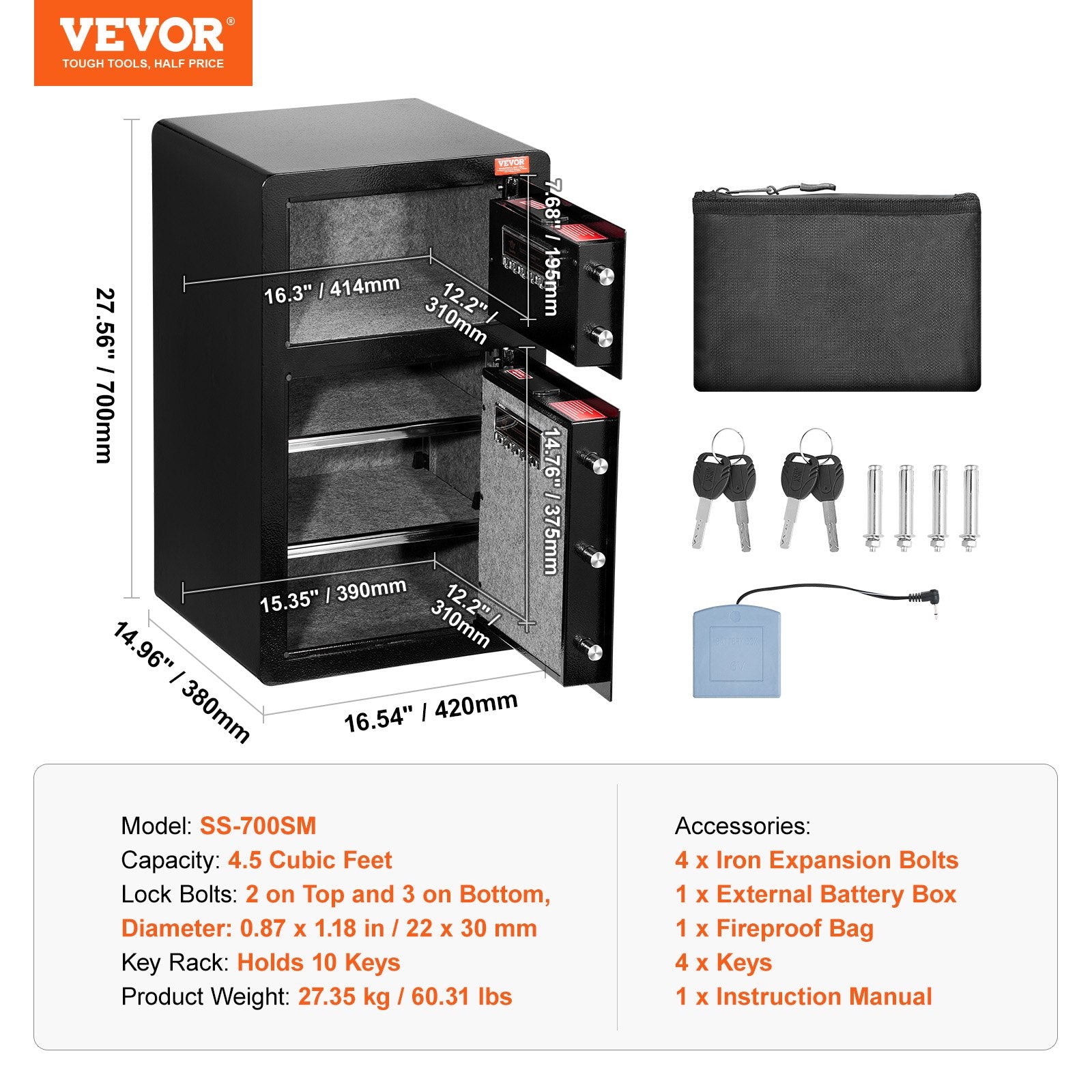 Double Doors 4.5 cu.ft Safe Box with Key Lock & Password, Safe Lock Box with Fireproof Bag, Key Rack, LED V952-LMBXXLS452CU8Z59AV9