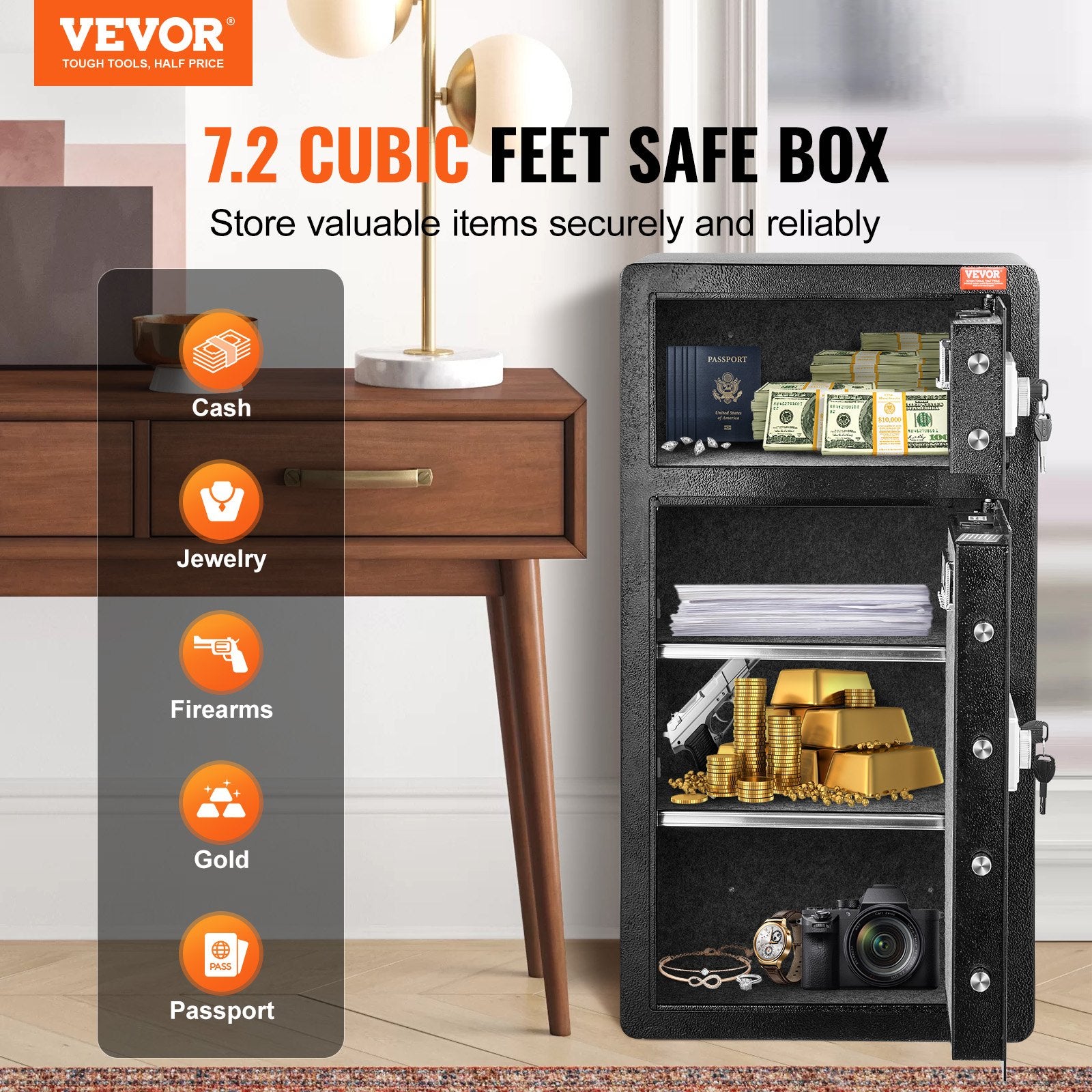 Double Doors 7.2 cu.ft Safe Box with Key Lock & Password, Safe Lock Box with Fireproof Bag, Key Rack, LED V952-LMBXXLS782CUWAFUQV9